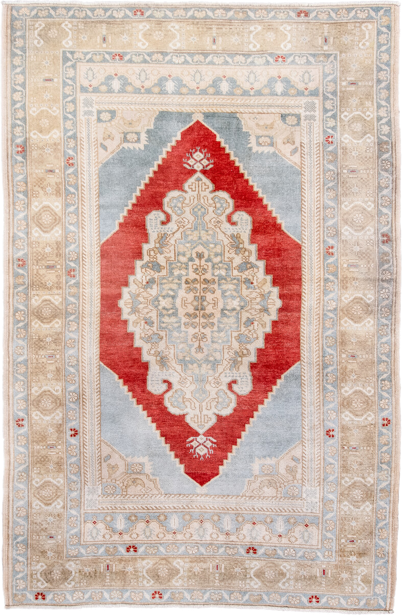 3' x 5' one-of-a-kind handmade antique Anatolian small size rug. Color palette: ivory, light blue, beige, red, taupe, gray