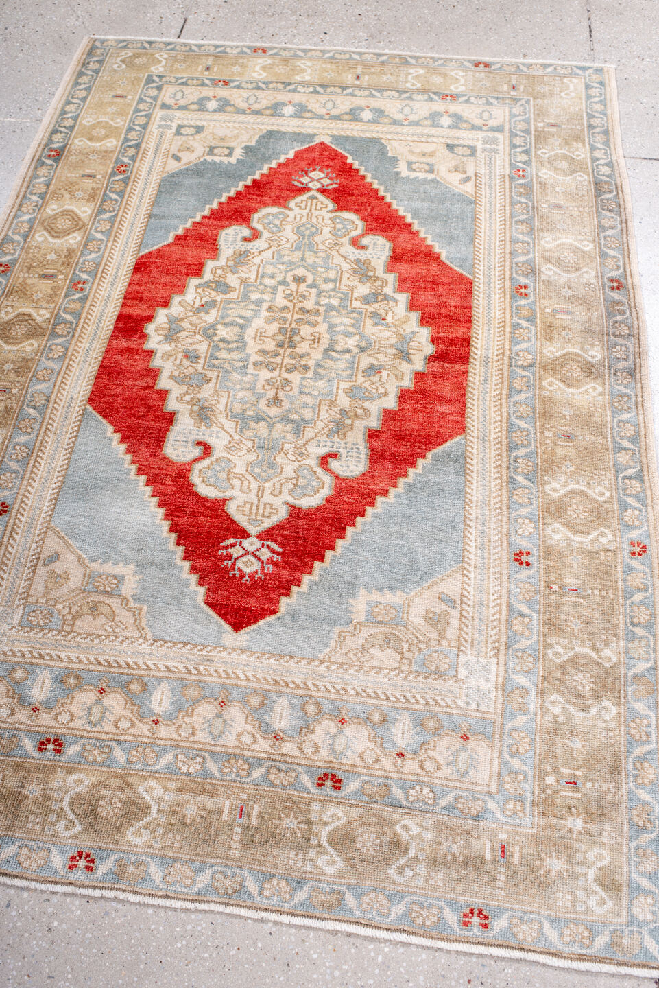 3' x 5' one-of-a-kind handmade antique Anatolian small size rug. Color palette: ivory, light blue, beige, red, taupe, gray