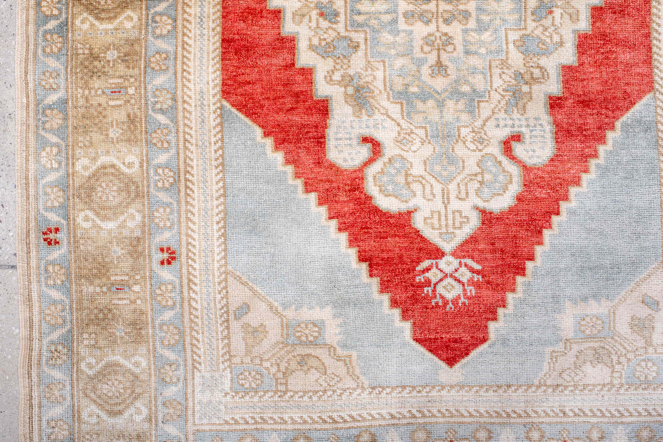 3' x 5' one-of-a-kind handmade antique Anatolian small size rug. Color palette: ivory, light blue, beige, red, taupe, gray