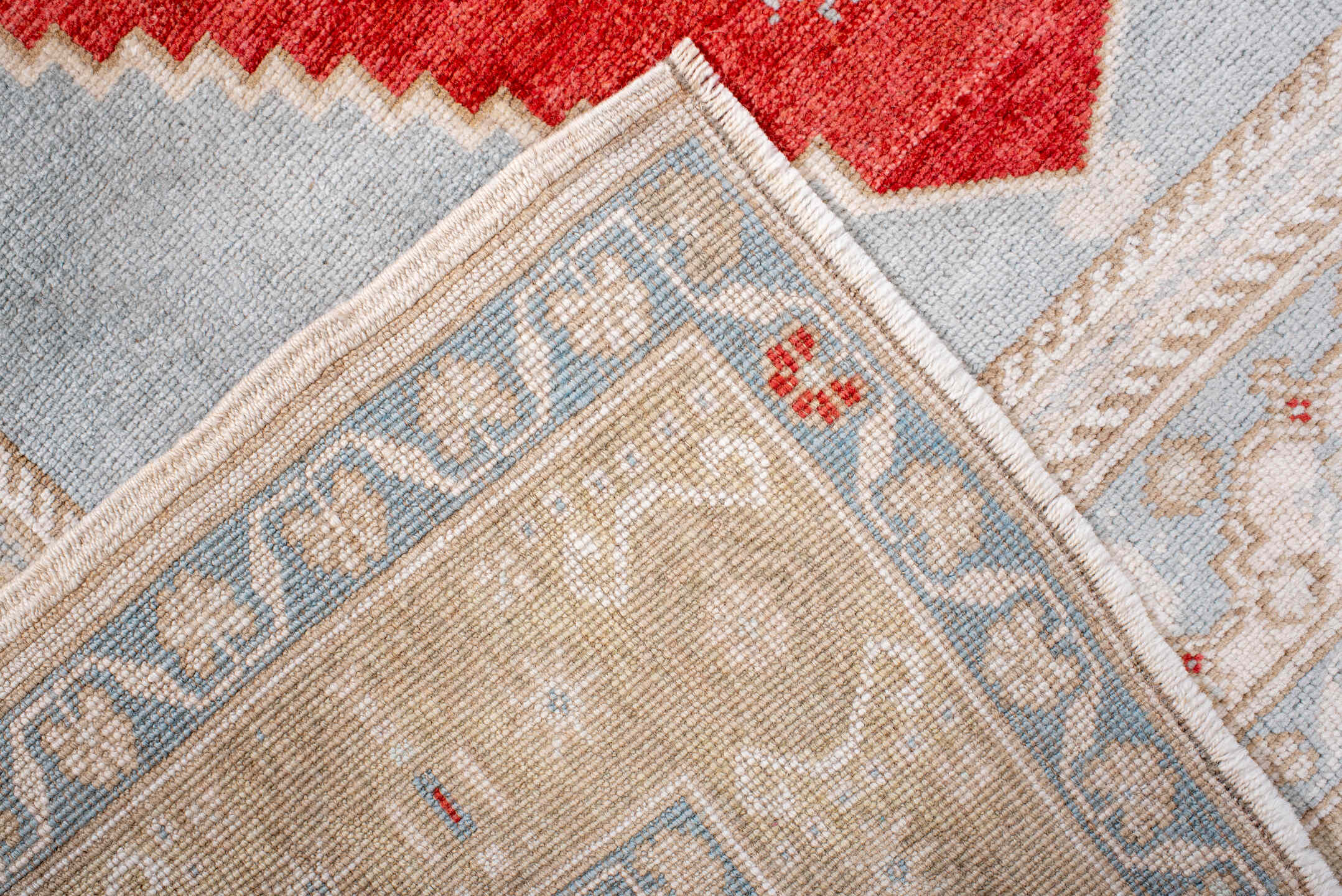 3' x 5' one-of-a-kind handmade antique Anatolian small size rug. Color palette: ivory, light blue, beige, red, taupe, gray