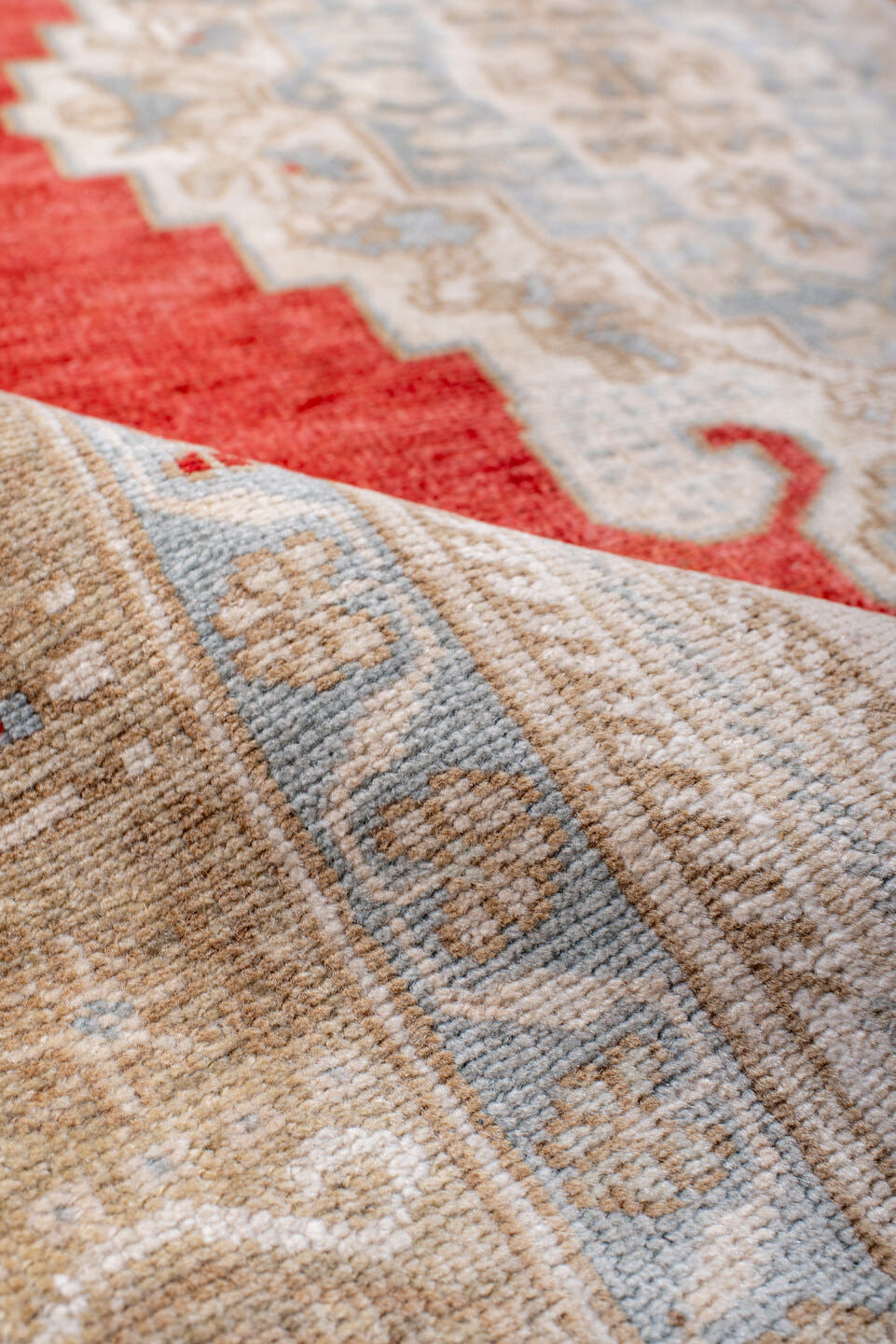 3' x 5' one-of-a-kind handmade antique Anatolian small size rug. Color palette: ivory, light blue, beige, red, taupe, gray