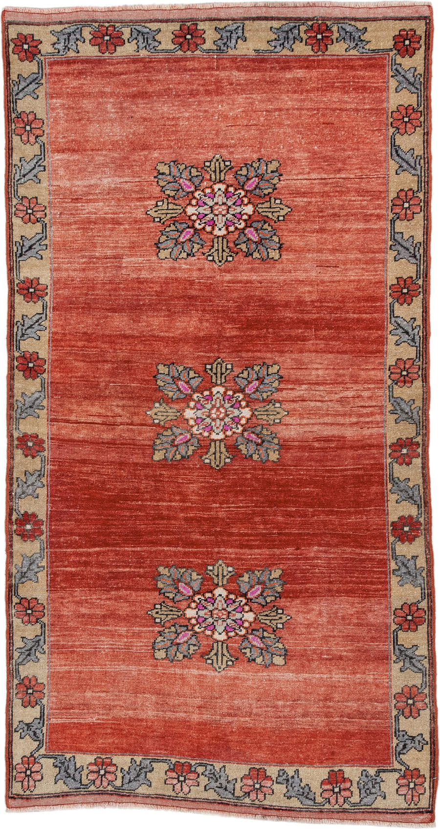 3' x 6' one-of-a-kind handmade antique Anatolian small size rug. Color palette: terra cotta, ivory, slate, rust, rose, olive