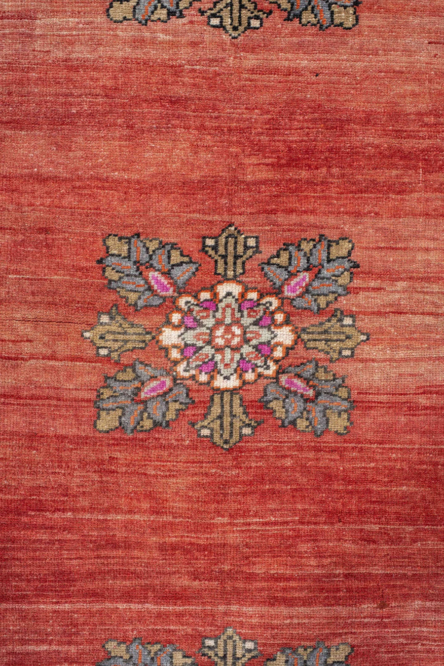 3' x 6' one-of-a-kind handmade antique Anatolian small size rug. Color palette: terra cotta, ivory, slate, rust, rose, olive