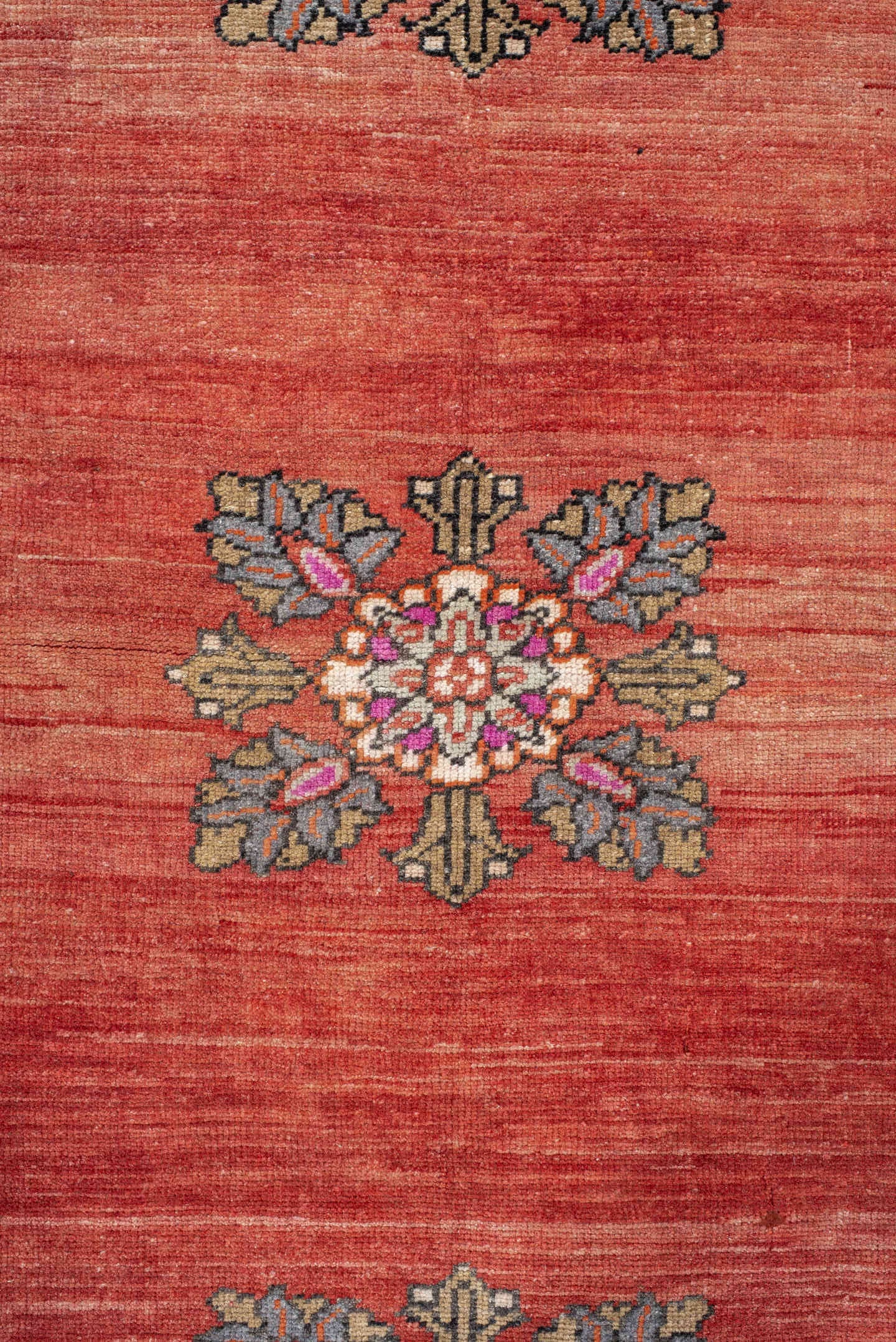 3' x 6' one-of-a-kind handmade antique Anatolian small size rug. Color palette: terra cotta, ivory, slate, rust, rose, olive