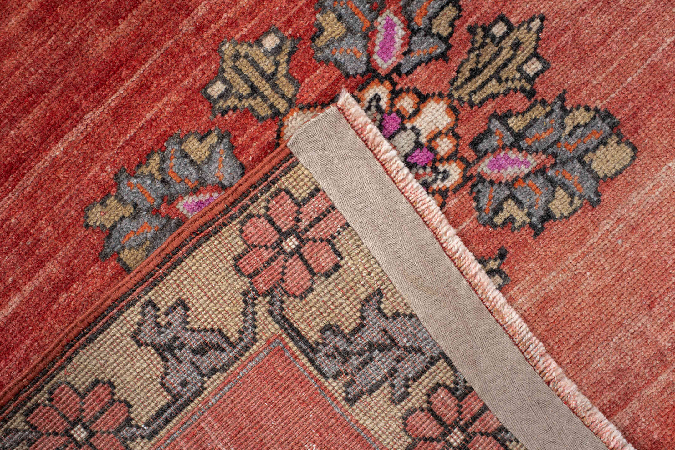 3' x 6' one-of-a-kind handmade antique Anatolian small size rug. Color palette: terra cotta, ivory, slate, rust, rose, olive