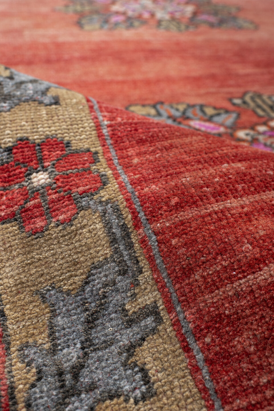 3' x 6' one-of-a-kind handmade antique Anatolian small size rug. Color palette: terra cotta, ivory, slate, rust, rose, olive