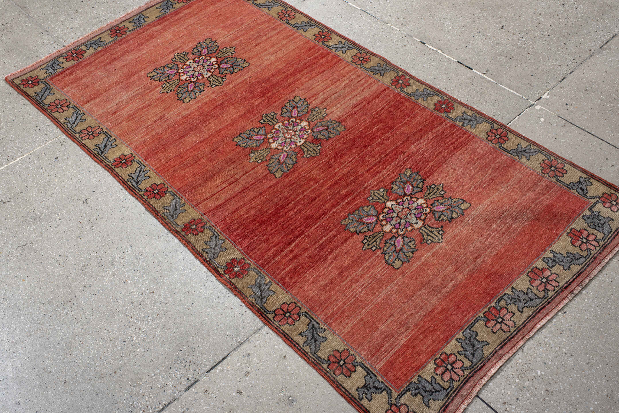 3' x 6' one-of-a-kind handmade antique Anatolian small size rug. Color palette: terra cotta, ivory, slate, rust, rose, olive