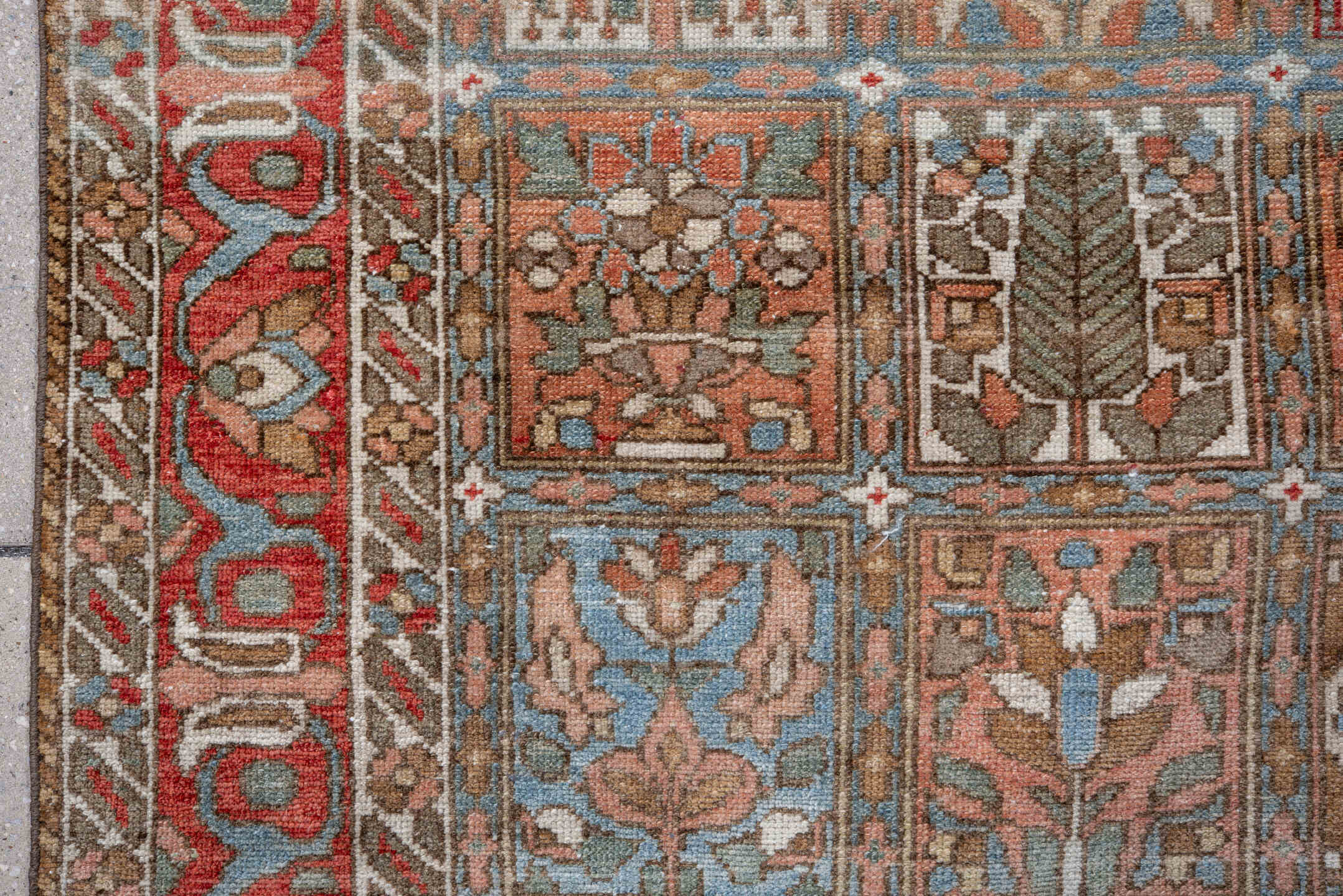 4' x 6' one-of-a-kind handmade vintage Baktiary small size rug. Color palette: blue, brown, dark gray, gainsboro, gray