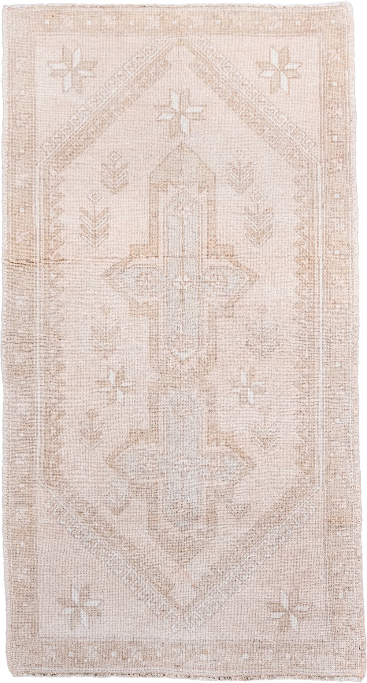 3' x 6' one-of-a-kind handmade antique Anatolian small size rug. Color palette: ivory, beige, blush, taupe, sand, pink, gray
