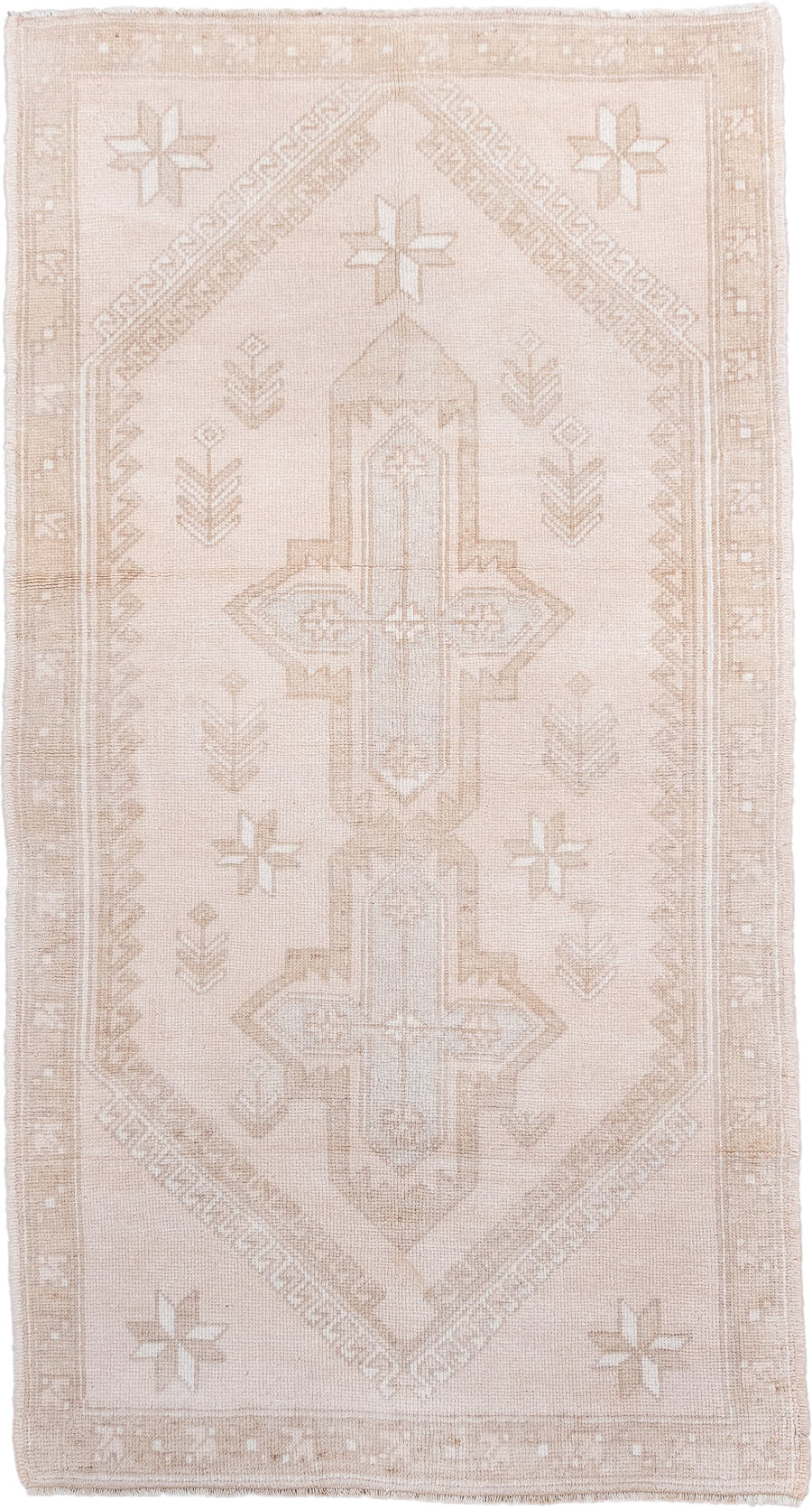 3' x 6' one-of-a-kind handmade antique Anatolian small size rug. Color palette: ivory, beige, blush, taupe, sand, pink, gray