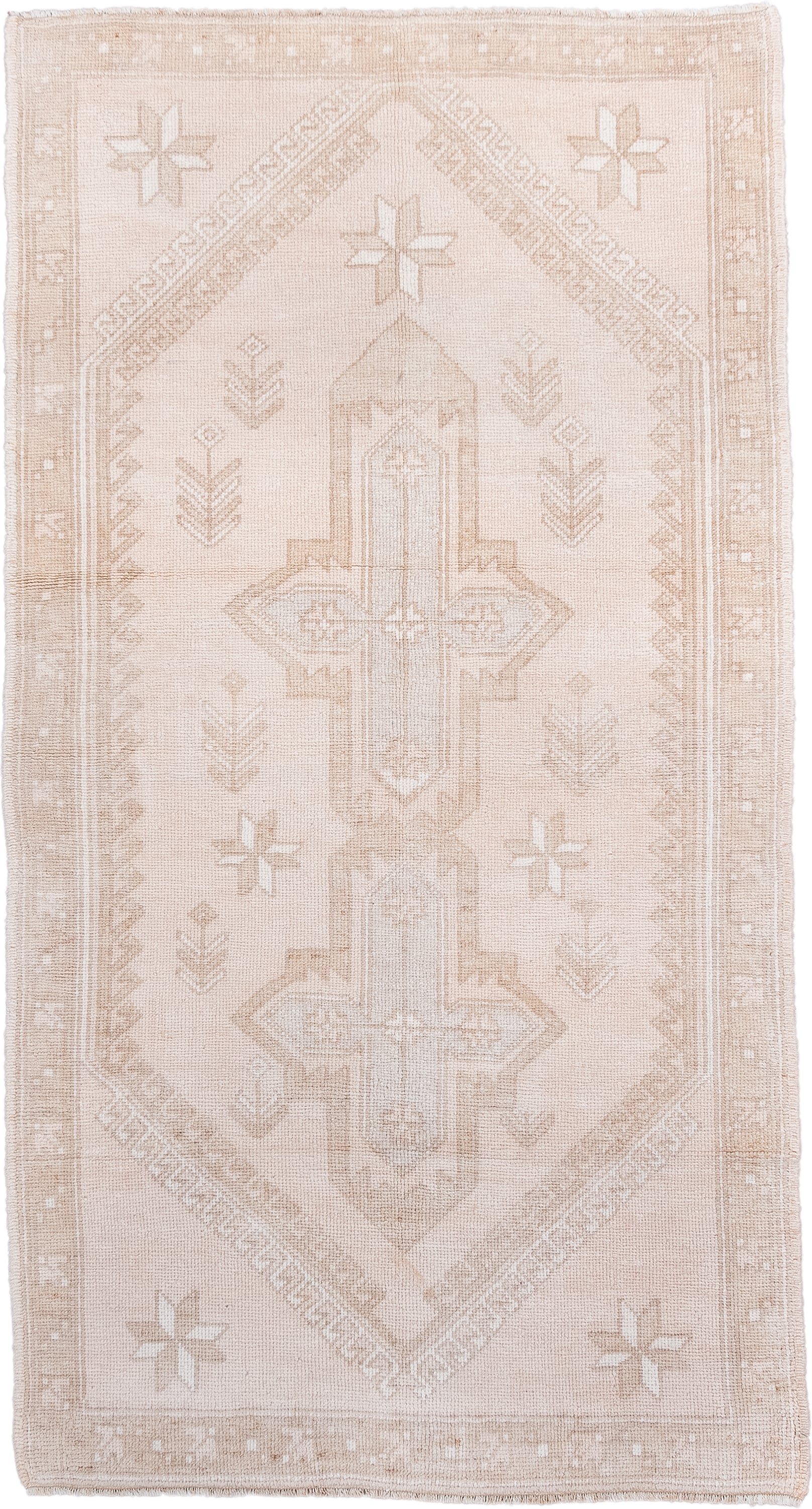 3' x 6' one-of-a-kind handmade antique Anatolian small size rug. Color palette: ivory, beige, blush, taupe, sand, pink, gray