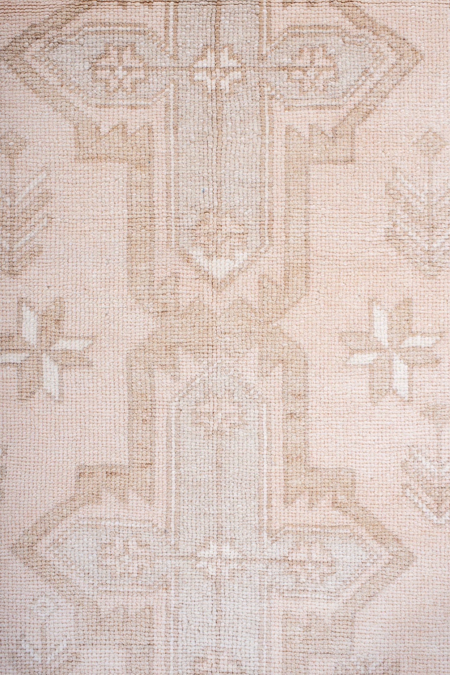3' x 6' one-of-a-kind handmade antique Anatolian small size rug. Color palette: ivory, beige, blush, taupe, sand, pink, gray