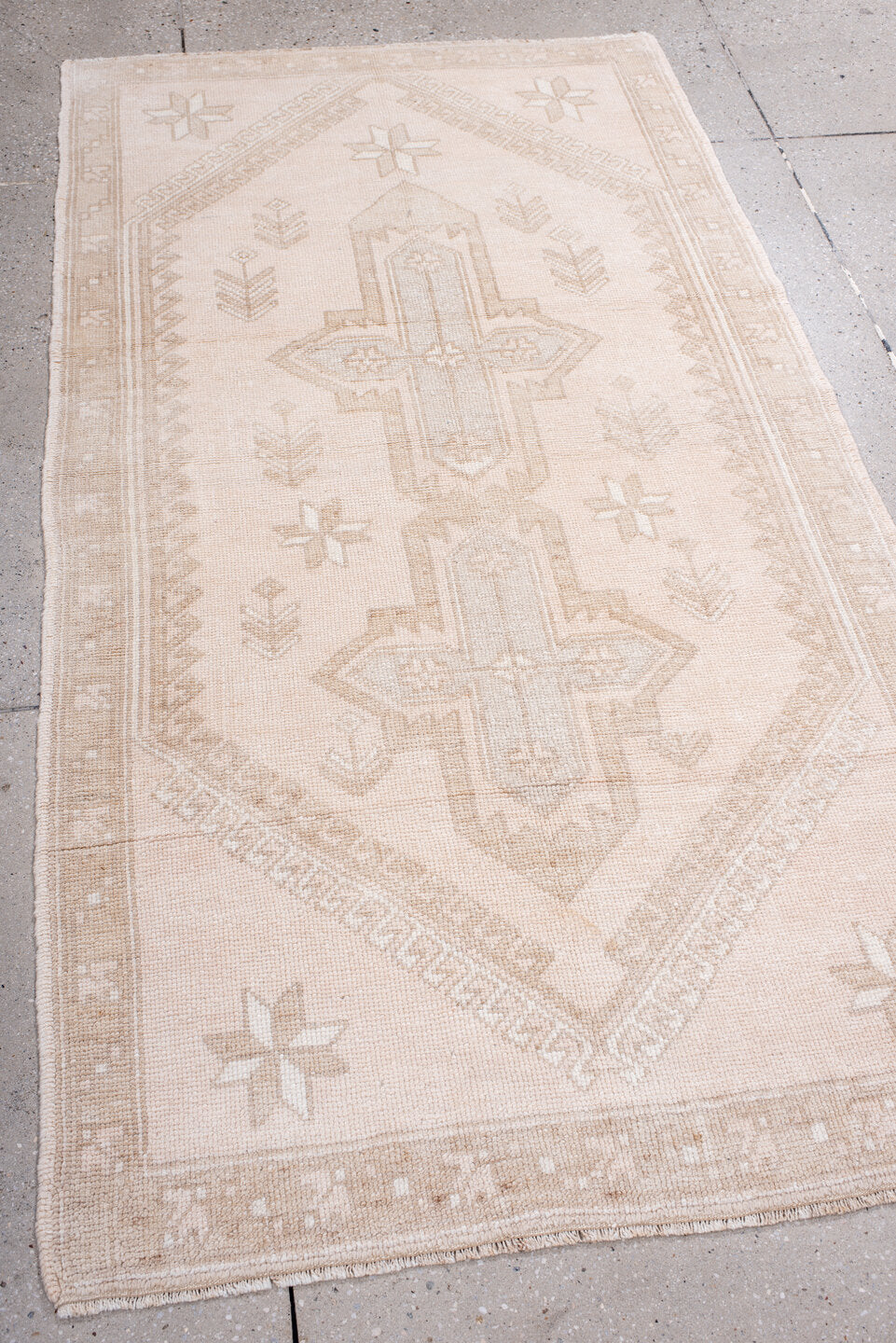 3' x 6' one-of-a-kind handmade antique Anatolian small size rug. Color palette: ivory, beige, blush, taupe, sand, pink, gray