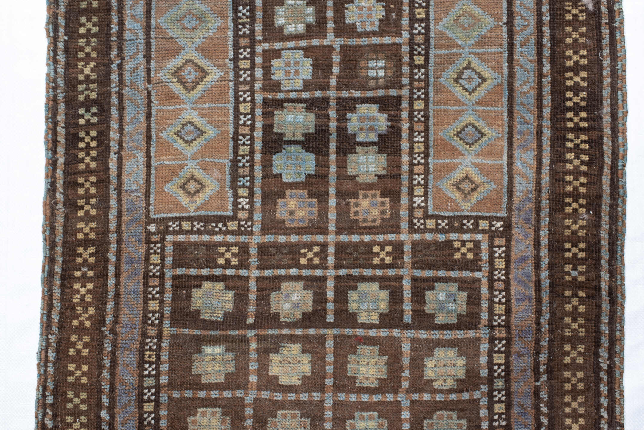 2' x 4' one-of-a-kind handmade vintage Belouch small size rug. Color palette: antiquewhite, blanched almond, brown