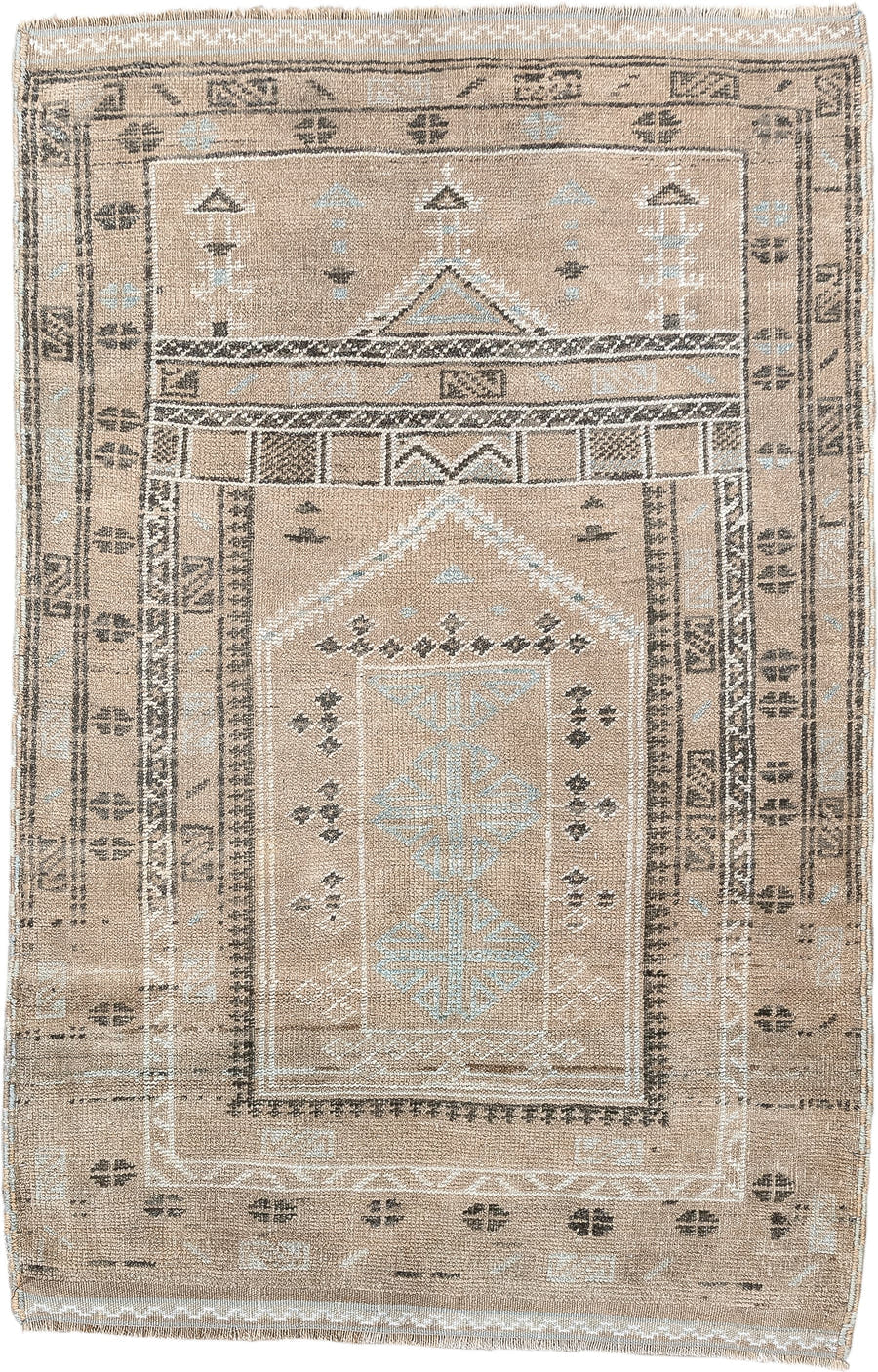 2' x 3' one-of-a-kind handmade antique Belouch small size rug. Color palette: camel, ivory, pale blue, charcoal, taupe