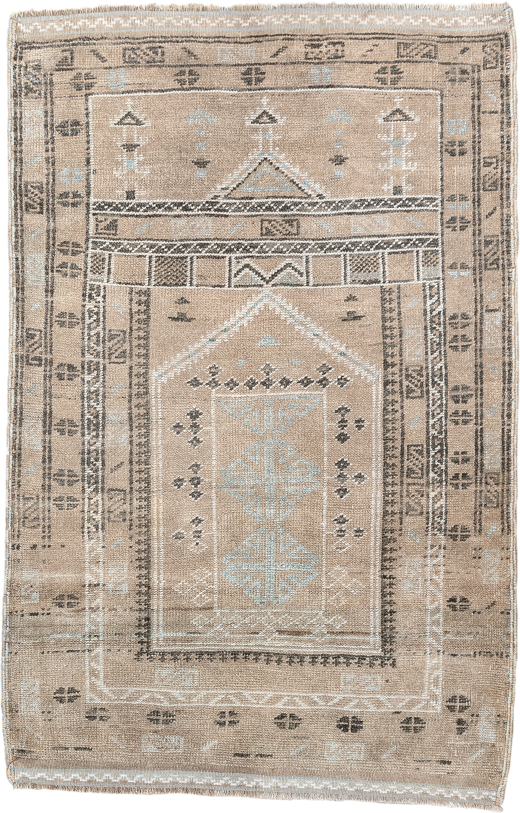 2' x 3' one-of-a-kind handmade antique Belouch small size rug. Color palette: camel, ivory, pale blue, charcoal, taupe