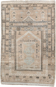 2' x 3' one-of-a-kind handmade antique Belouch small size rug. Color palette: camel, ivory, pale blue, charcoal, taupe