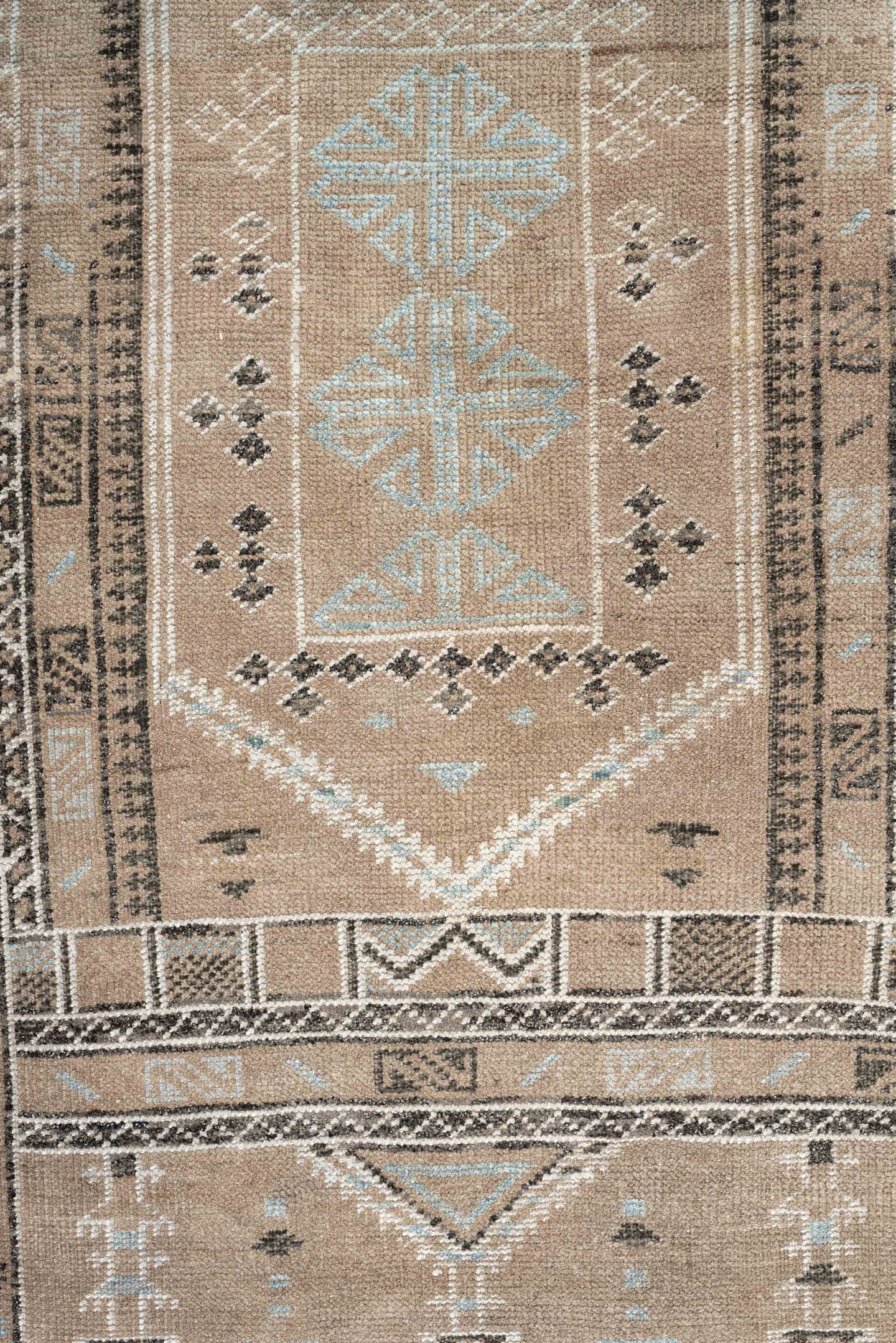 2' x 3' one-of-a-kind handmade antique Belouch small size rug. Color palette: camel, ivory, pale blue, charcoal, taupe