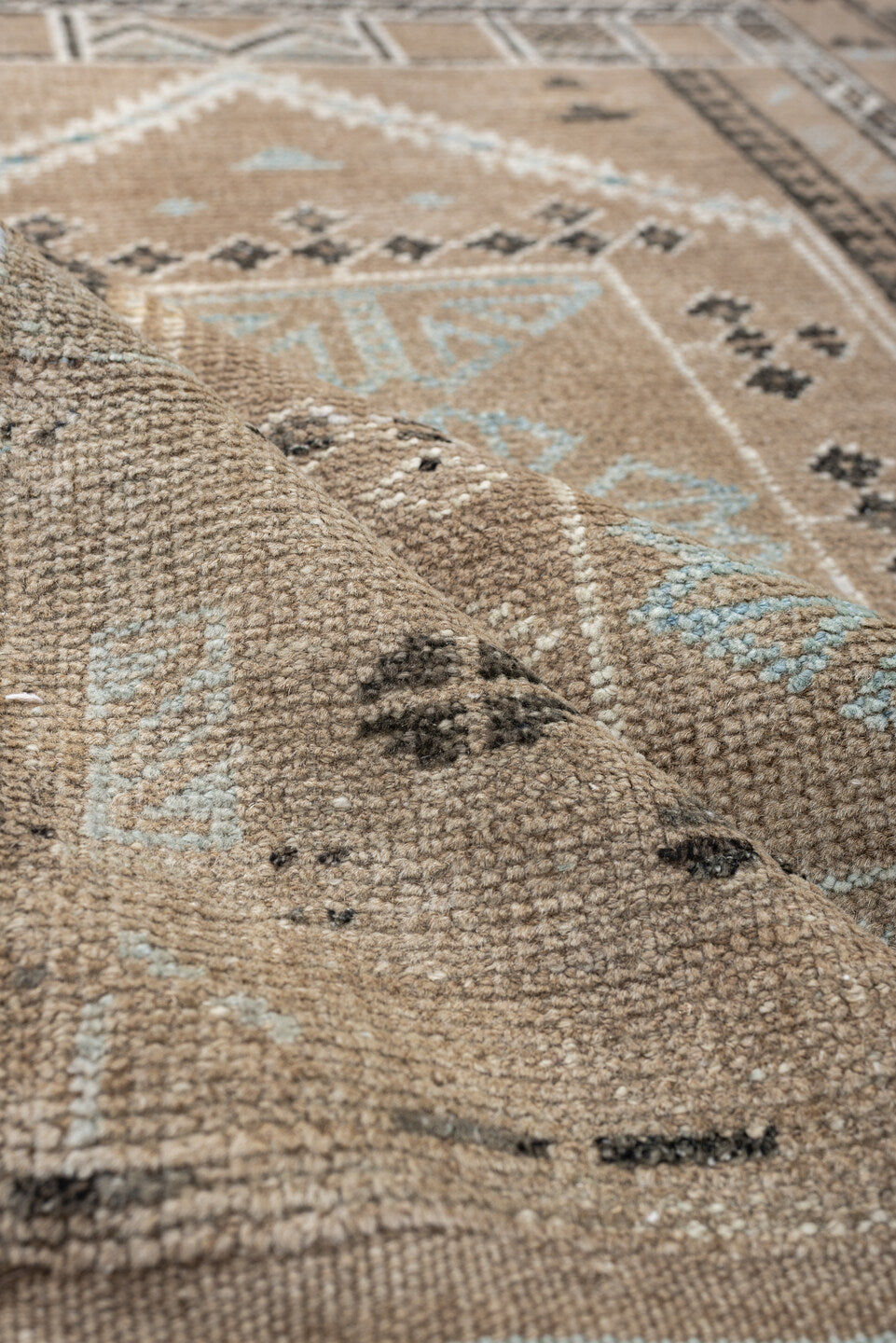 2' x 3' one-of-a-kind handmade antique Belouch small size rug. Color palette: camel, ivory, pale blue, charcoal, taupe