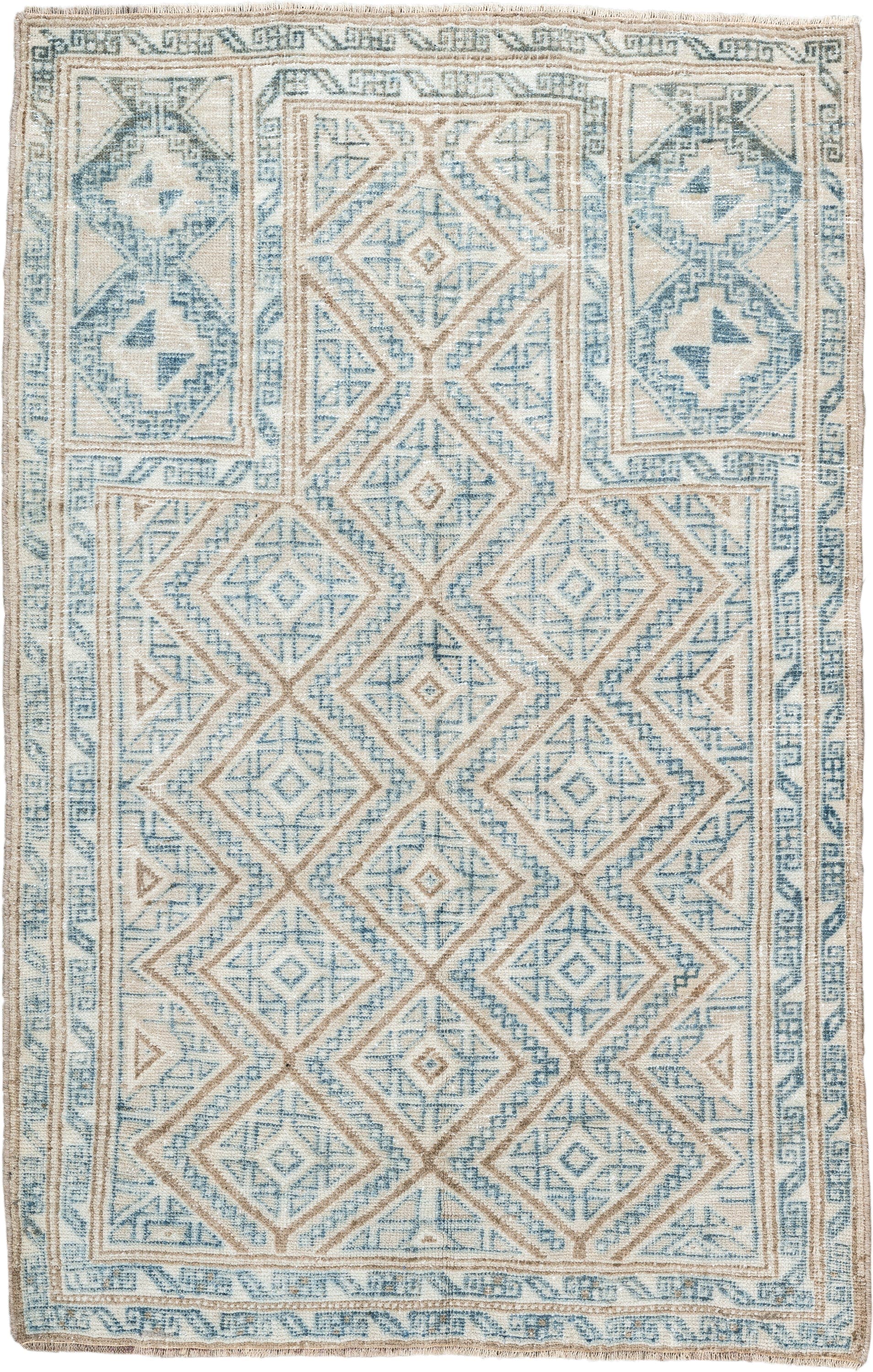 3' x 4' one-of-a-kind handmade antique Belouch small size rug. Color palette: ivory, sky blue, camel, beige, light blue
