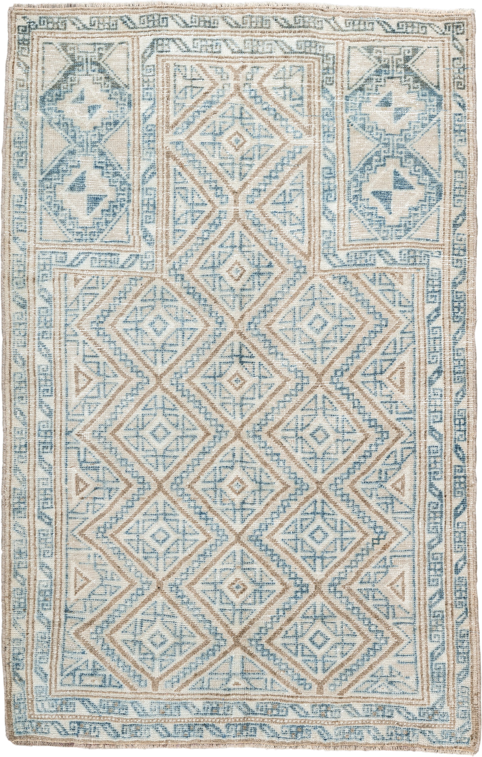 3' x 4' one-of-a-kind handmade antique Belouch small size rug. Color palette: ivory, sky blue, camel, beige, light blue