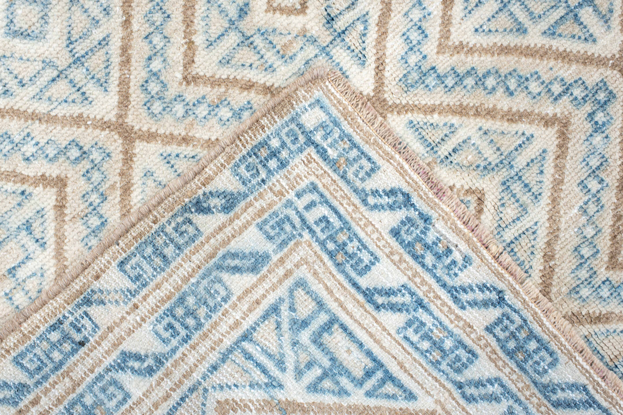3' x 4' one-of-a-kind handmade antique Belouch small size rug. Color palette: ivory, sky blue, camel, beige, light blue