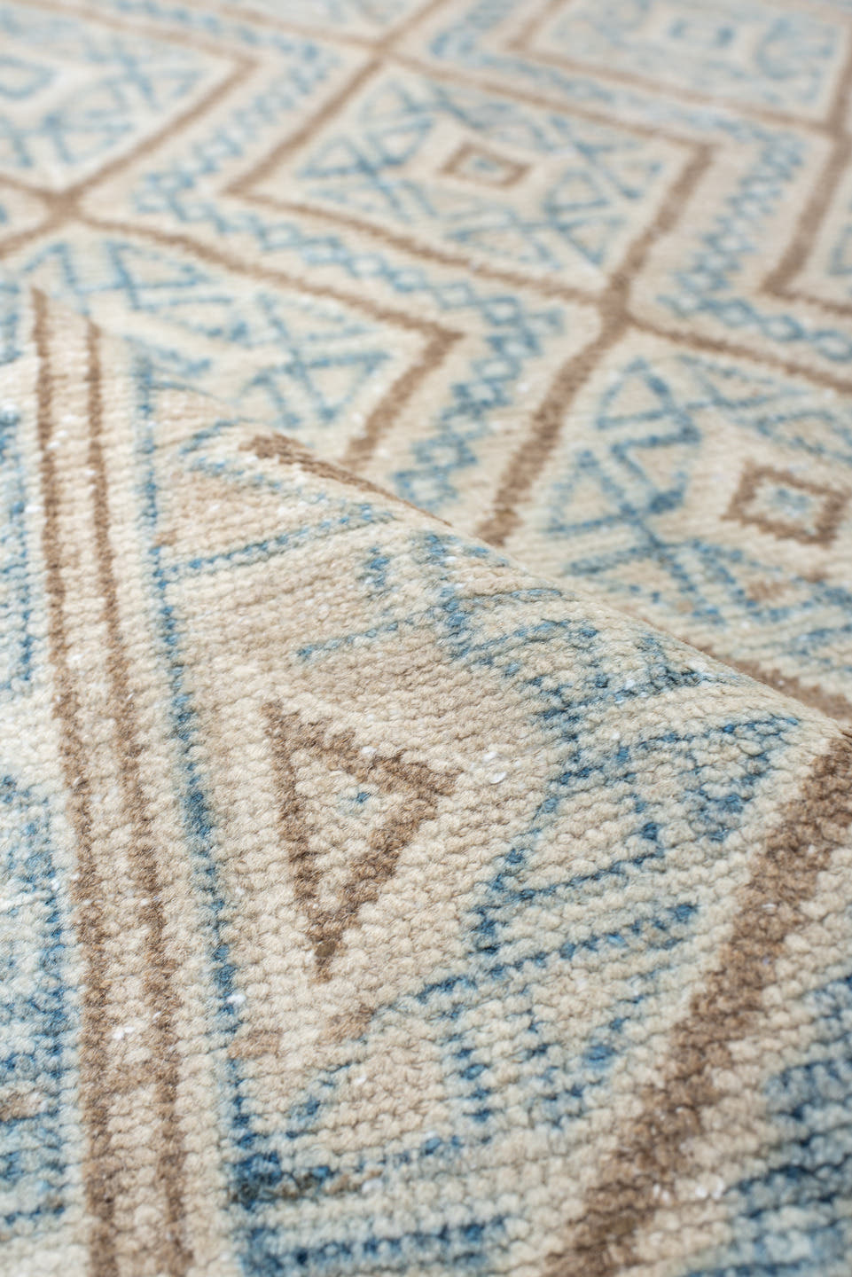 3' x 4' one-of-a-kind handmade antique Belouch small size rug. Color palette: ivory, sky blue, camel, beige, light blue