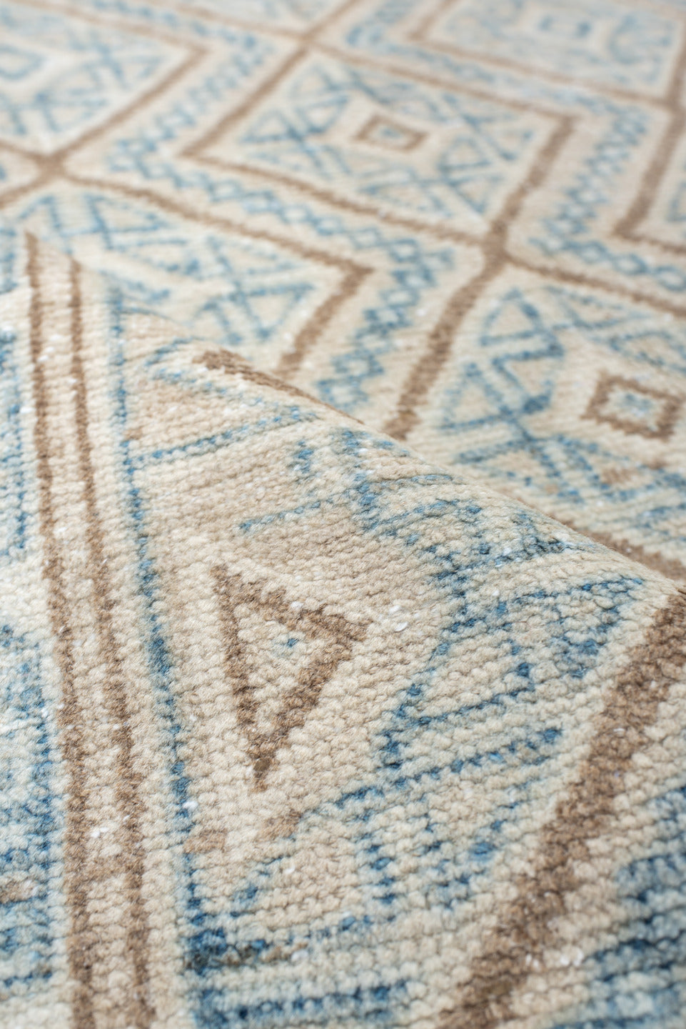 3' x 4' one-of-a-kind handmade antique Belouch small size rug. Color palette: ivory, sky blue, camel, beige, light blue