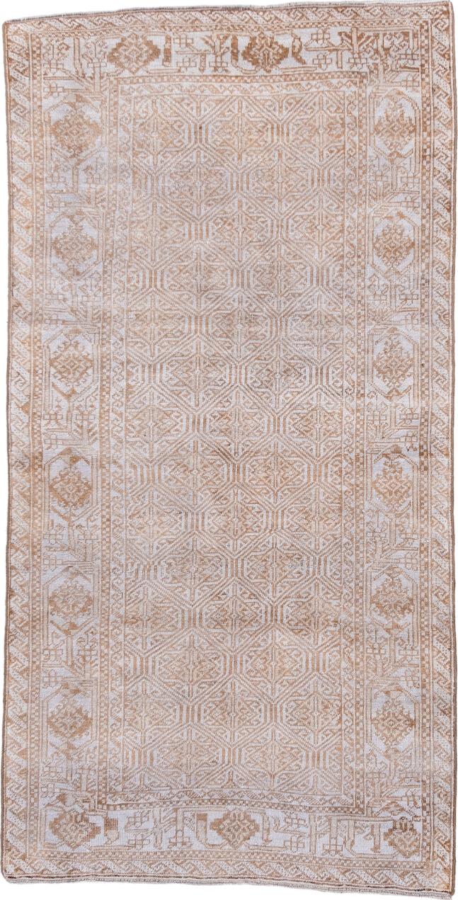 3' x 7' one-of-a-kind handmade vintage Belouch rug. Color palette: brown, gainsboro, gray, light gray, off-white, pink