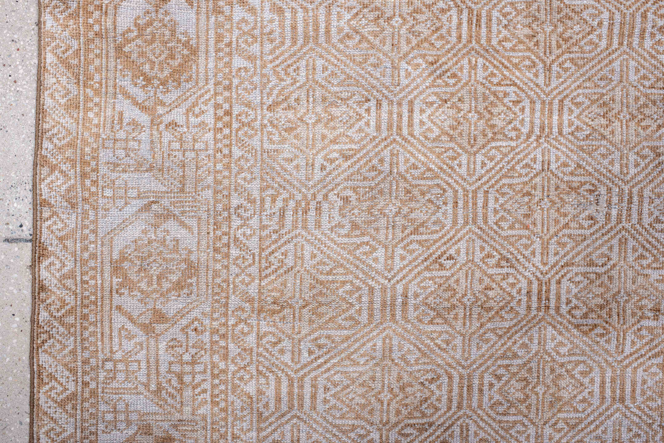 3' x 7' one-of-a-kind handmade antique Belouch rug. Color palette: ivory, camel, tan, taupe, beige, gray