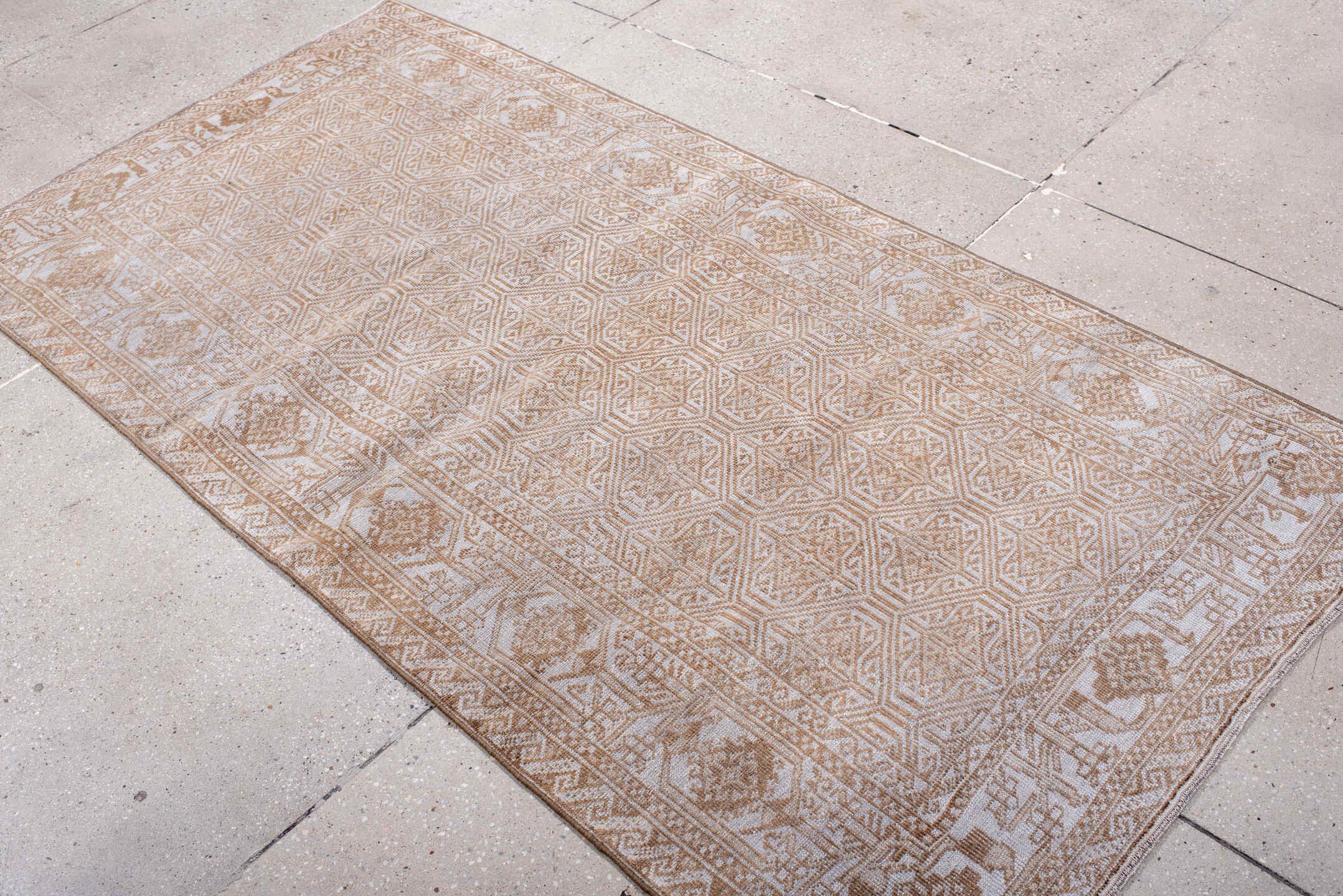 3' x 7' one-of-a-kind handmade vintage Belouch rug. Color palette: brown, gainsboro, gray, light gray, off-white, pink