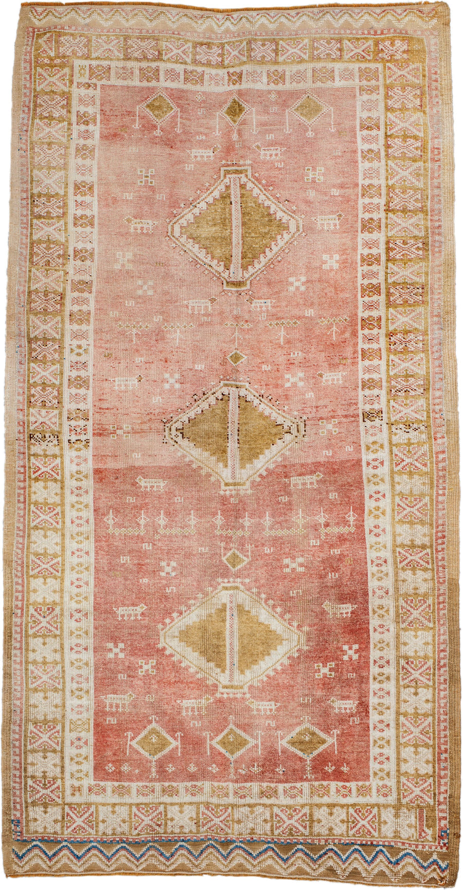 4' x 8' one-of-a-kind handmade antique Moroccan rug. Color palette: salmon, ivory, ochre, camel, rose, tan, blue, pink, gold