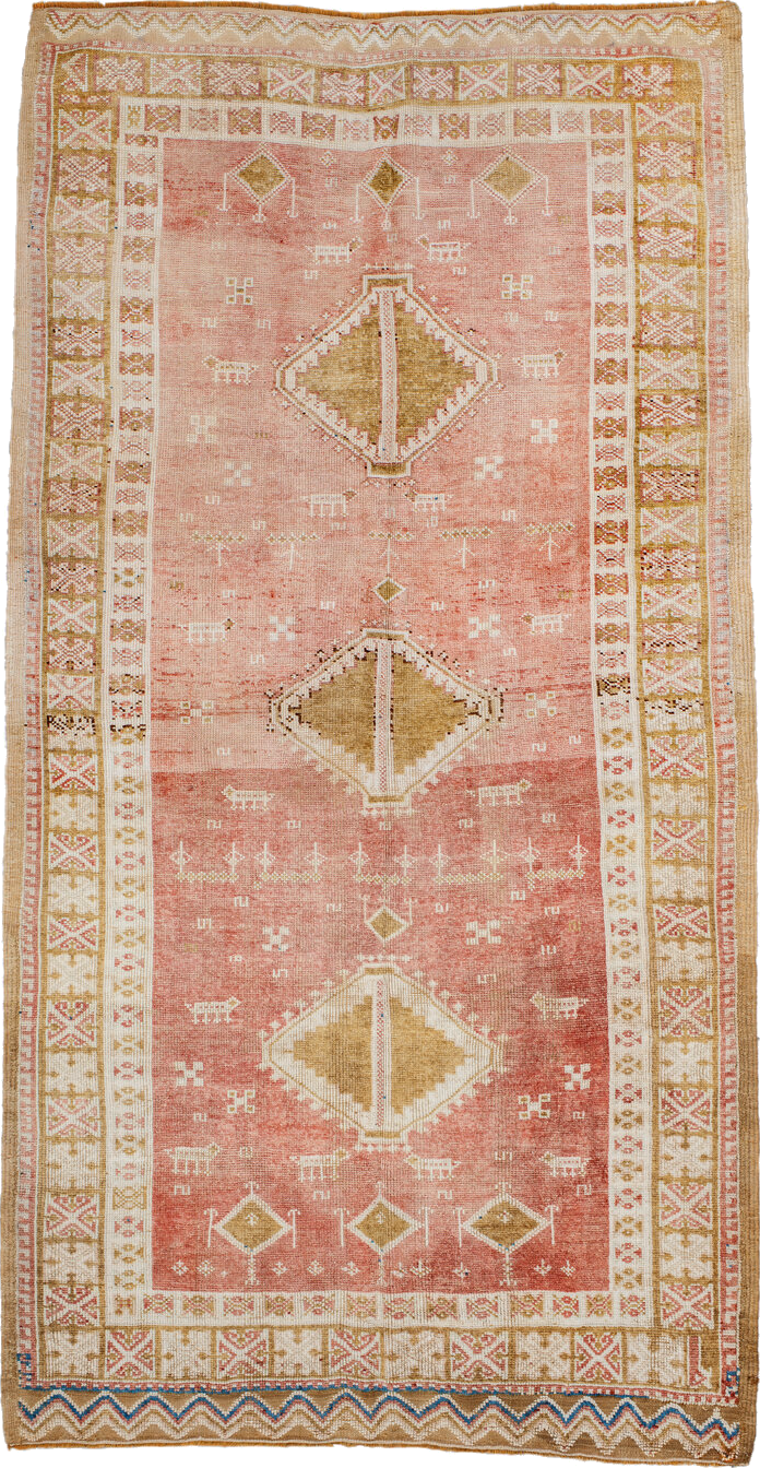 4' x 8' one-of-a-kind handmade vintage Moroccan rug. Color palette: blue, brown, gray, light gray, off-white, orange