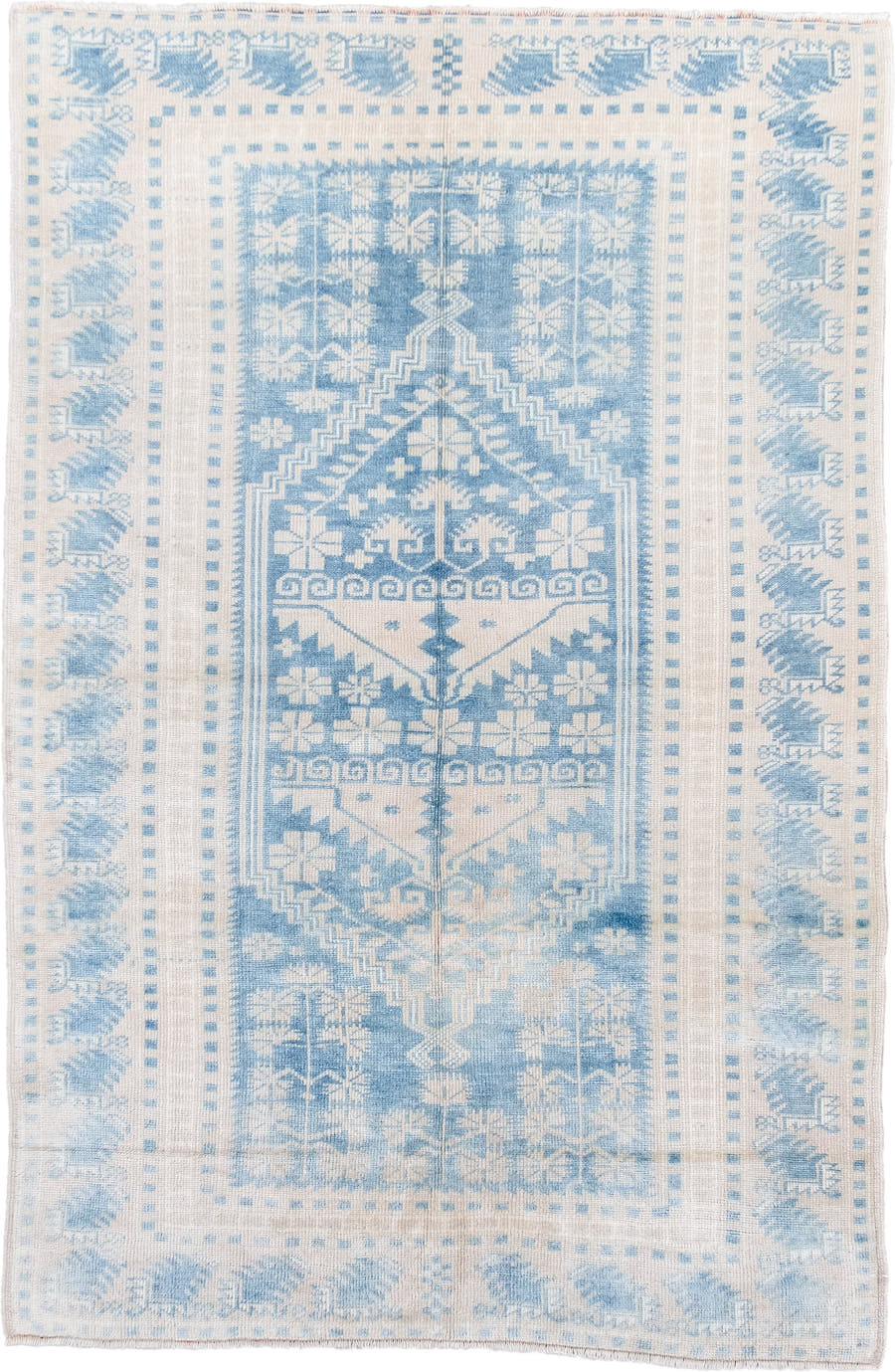 3' x 5' one-of-a-kind handmade antique Anatolian small size rug. Color palette: ivory, sky blue, powder blue, cream