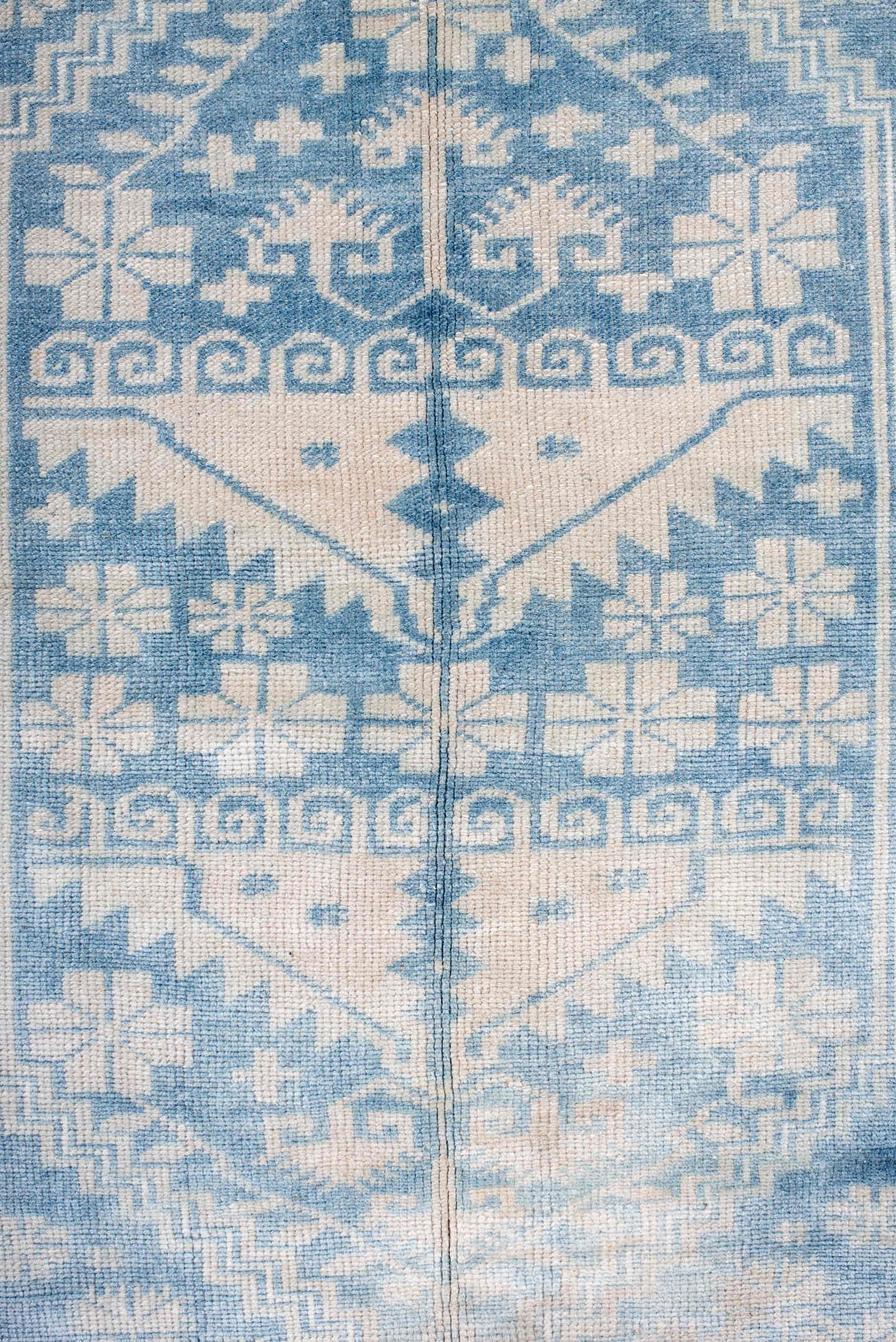 3' x 5' one-of-a-kind handmade antique Anatolian small size rug. Color palette: ivory, sky blue, powder blue, cream