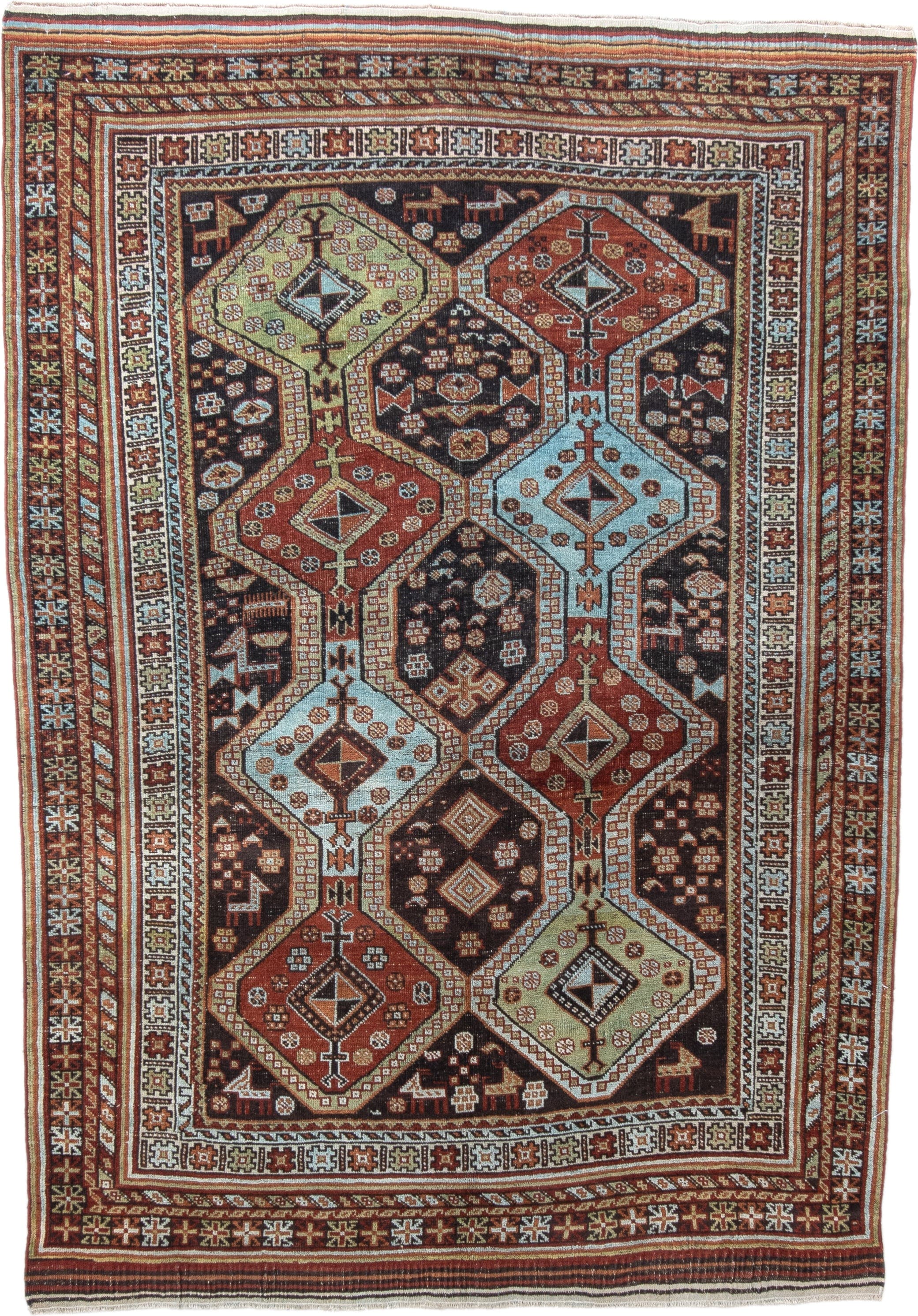 4' x 6' one-of-a-kind handmade antique Belouch small size rug. Color palette: rust, ivory, dark brown, sky blue, sage