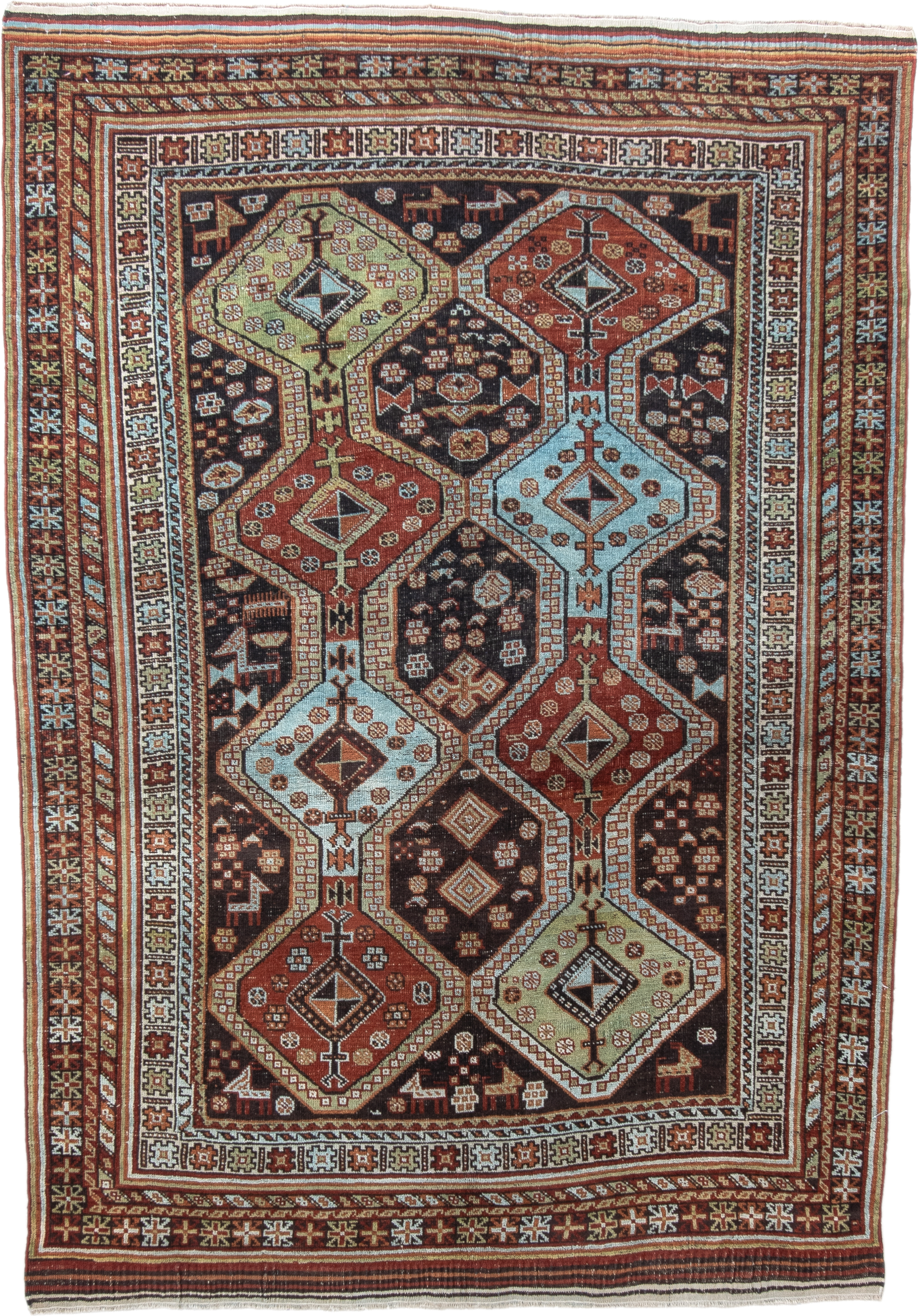 4' x 6' one-of-a-kind handmade antique Belouch small size rug. Color palette: rust, ivory, dark brown, sky blue, sage