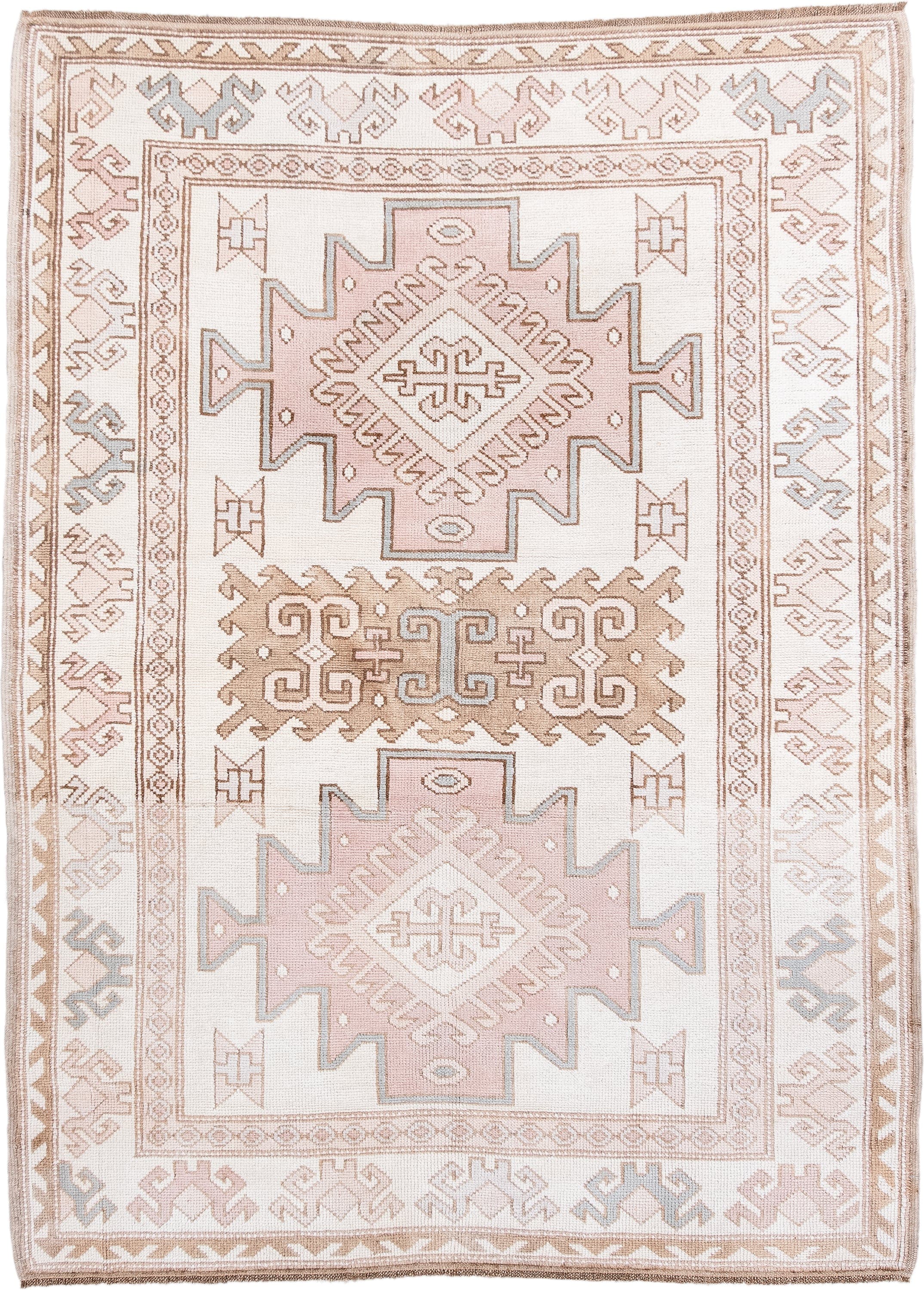 4' x 5' one-of-a-kind handmade vintage Anatolian small size rug. Color palette: ivory, blush, taupe, camel, pale blue, pink