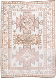 4' x 5' one-of-a-kind handmade vintage Anatolian small size rug. Color palette: ivory, blush, taupe, camel, pale blue, pink