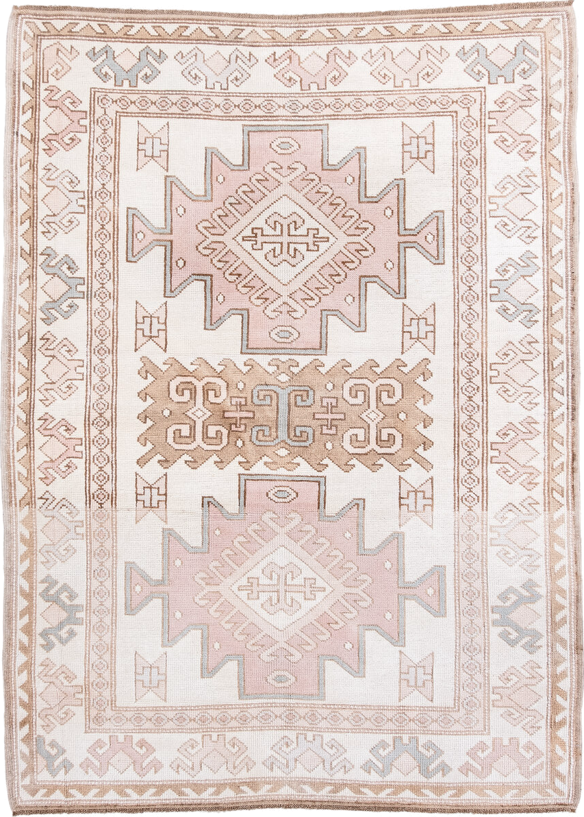 4' x 5' one-of-a-kind handmade vintage Anatolian small size rug. Color palette: ivory, blush, taupe, camel, pale blue, pink