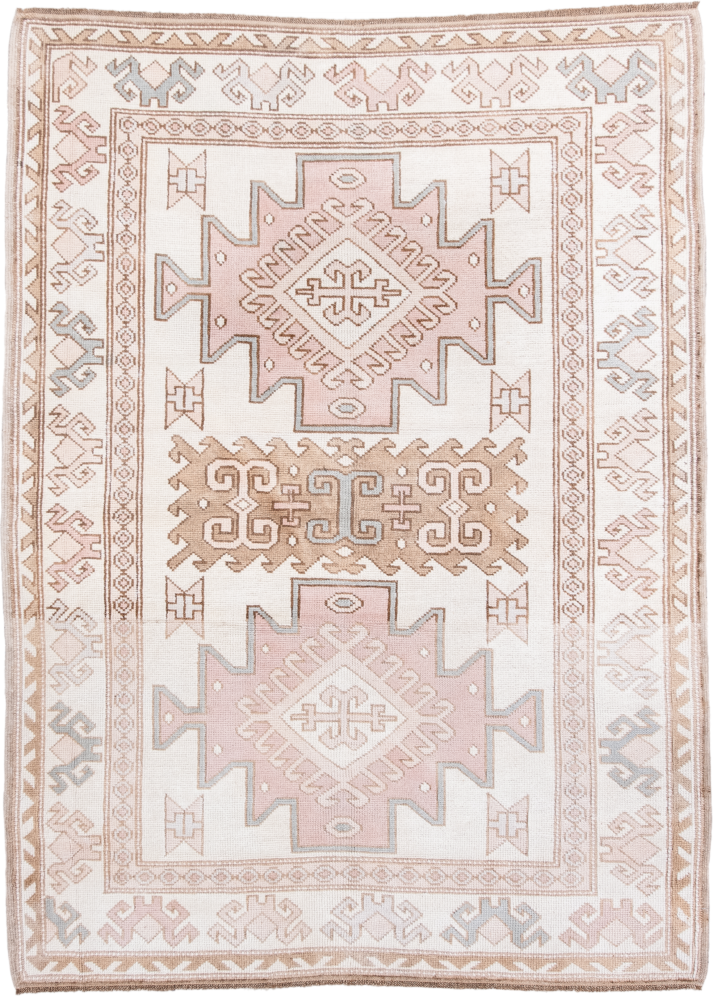 4' x 5' one-of-a-kind handmade vintage Anatolian small size rug. Color palette: ivory, blush, taupe, camel, pale blue, pink