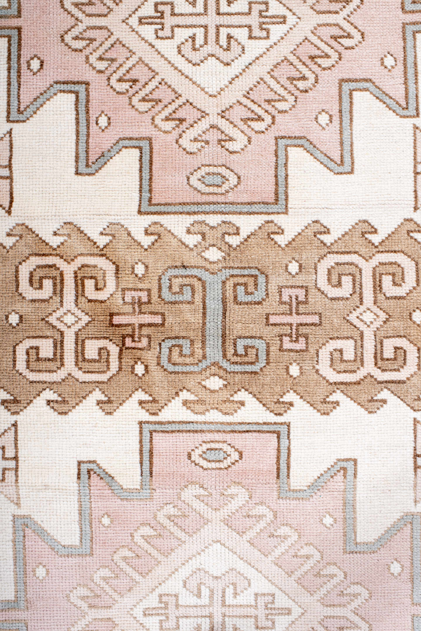 4' x 5' one-of-a-kind handmade vintage Anatolian small size rug. Color palette: ivory, blush, taupe, camel, pale blue, pink
