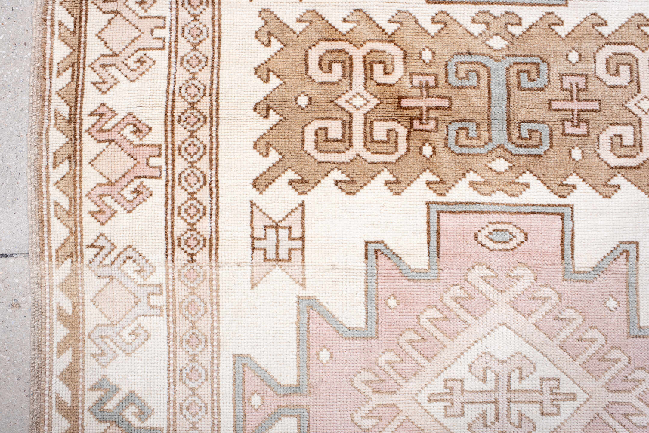 4' x 5' one-of-a-kind handmade vintage Anatolian small size rug. Color palette: ivory, blush, taupe, camel, pale blue, pink