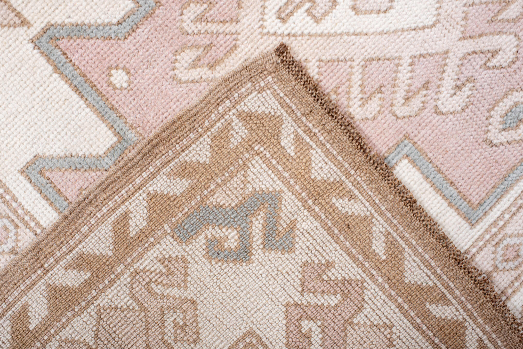 4' x 5' one-of-a-kind handmade vintage Anatolian small size rug. Color palette: ivory, blush, taupe, camel, pale blue, pink