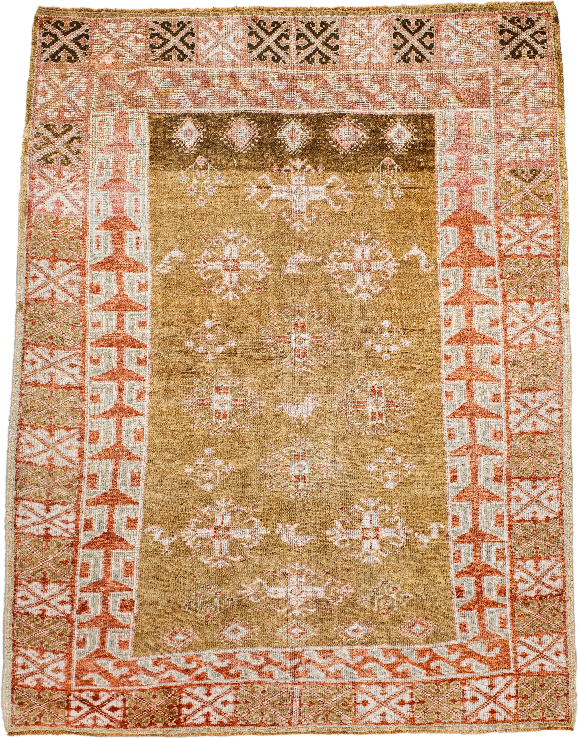 4' x 6' one-of-a-kind handmade antique Anatolian rug. Color palette: camel, ivory, terra cotta, olive, brown, rose, beige