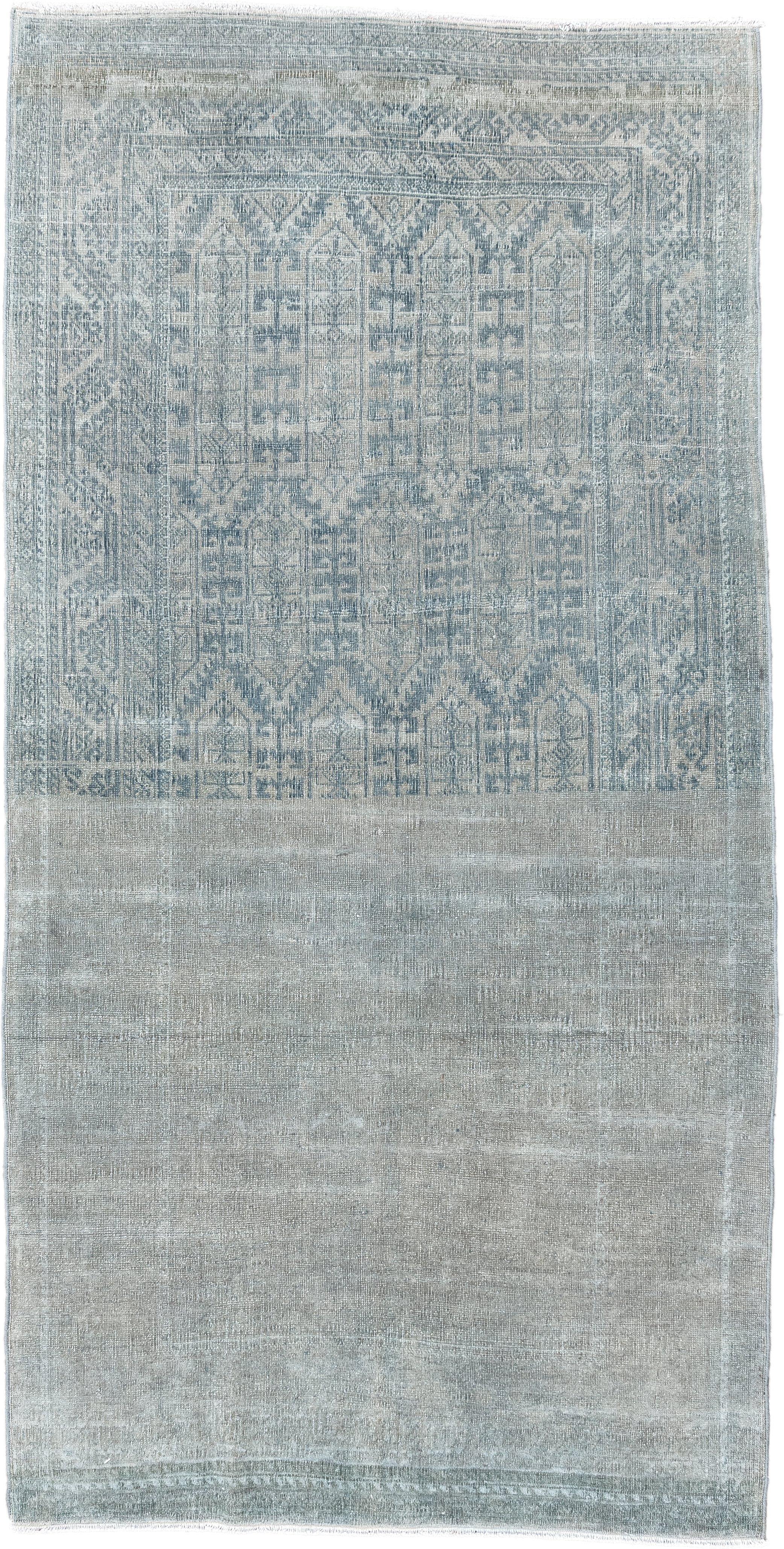 3' x 7' one-of-a-kind handmade vintage Belouch runner rug. Color palette: pale blue, slate, ivory, gray, light blue