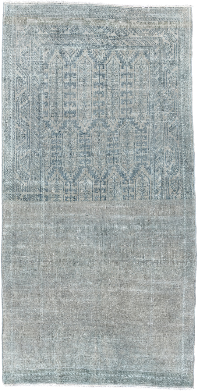 3' x 7' one-of-a-kind handmade vintage Belouch runner rug. Color palette: pale blue, slate, ivory, gray, light blue