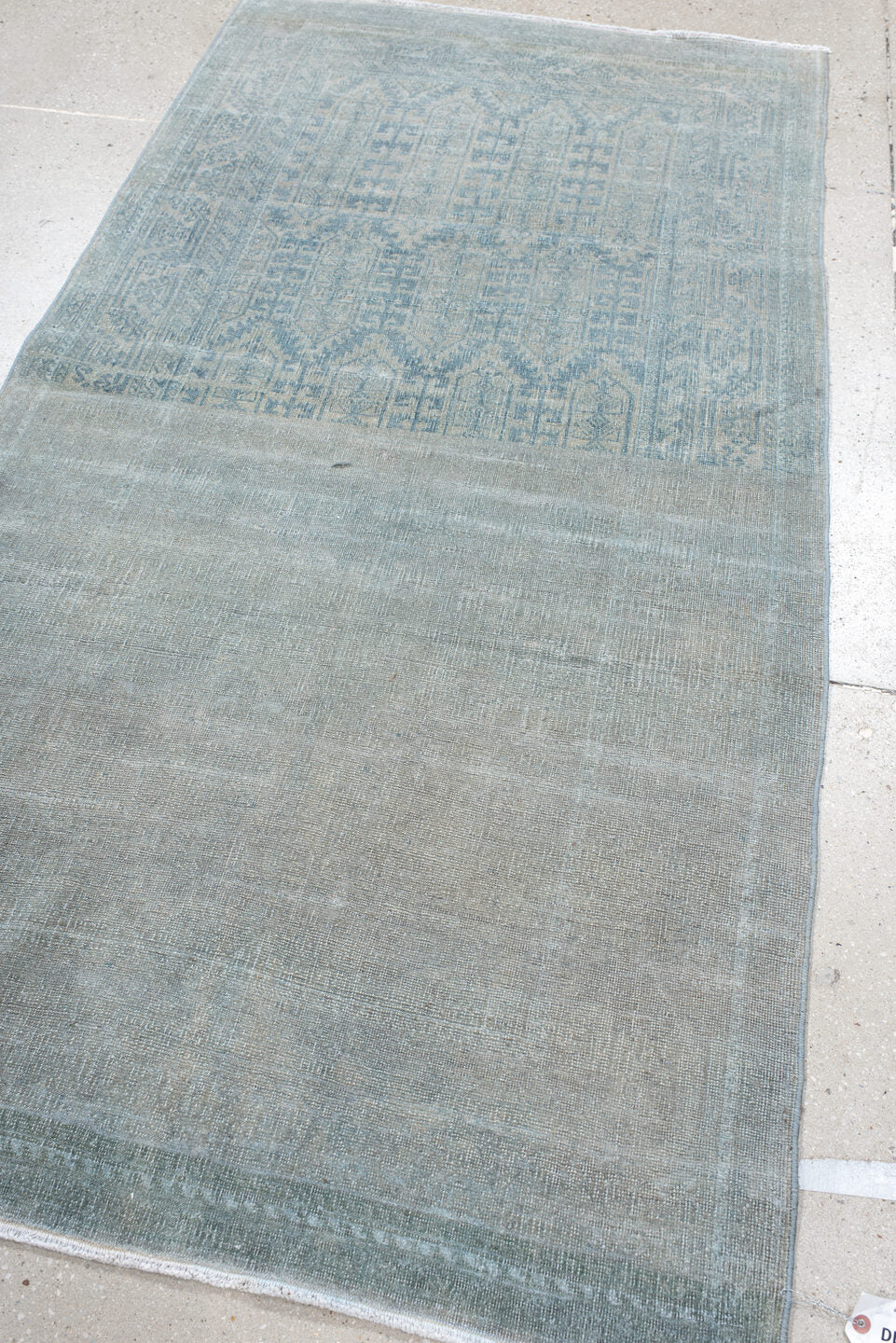 3' x 7' one-of-a-kind handmade vintage Belouch runner rug. Color palette: pale blue, slate, ivory, gray, light blue