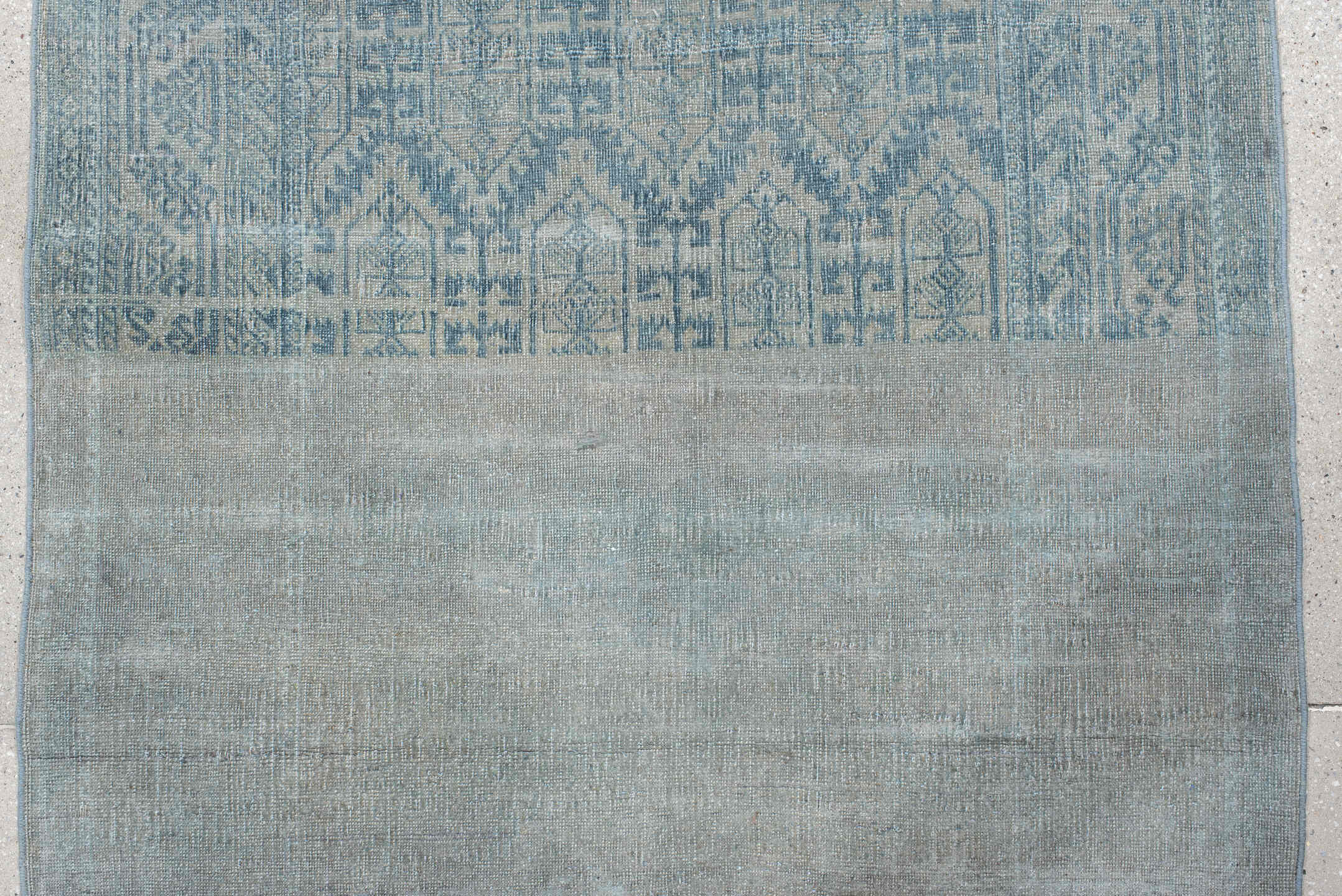 3' x 7' one-of-a-kind handmade vintage Belouch runner rug. Color palette: pale blue, slate, ivory, gray, light blue