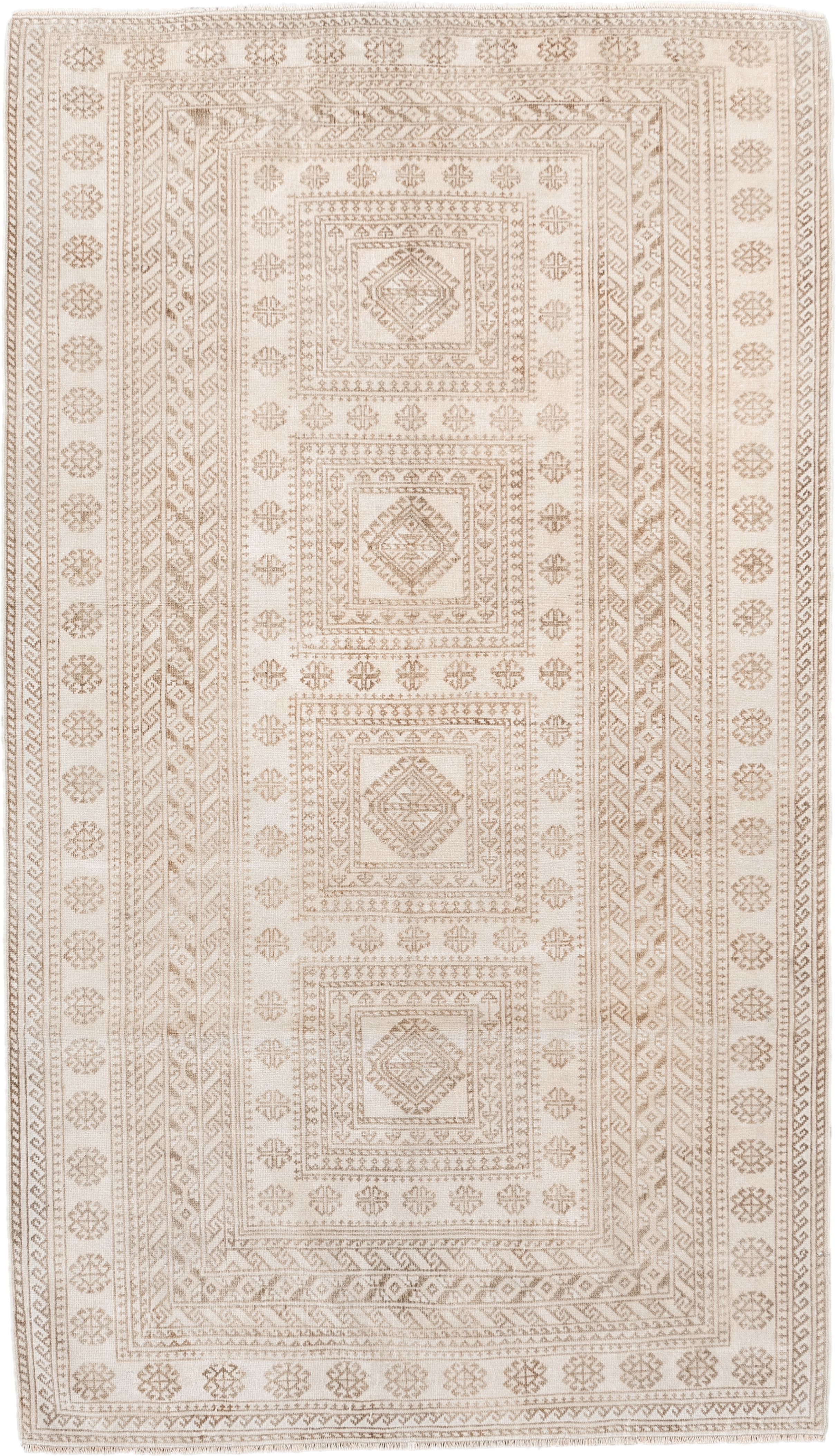 3' x 6' one-of-a-kind handmade vintage Belouch small size rug. Color palette: ivory, camel, taupe, beige, gray
